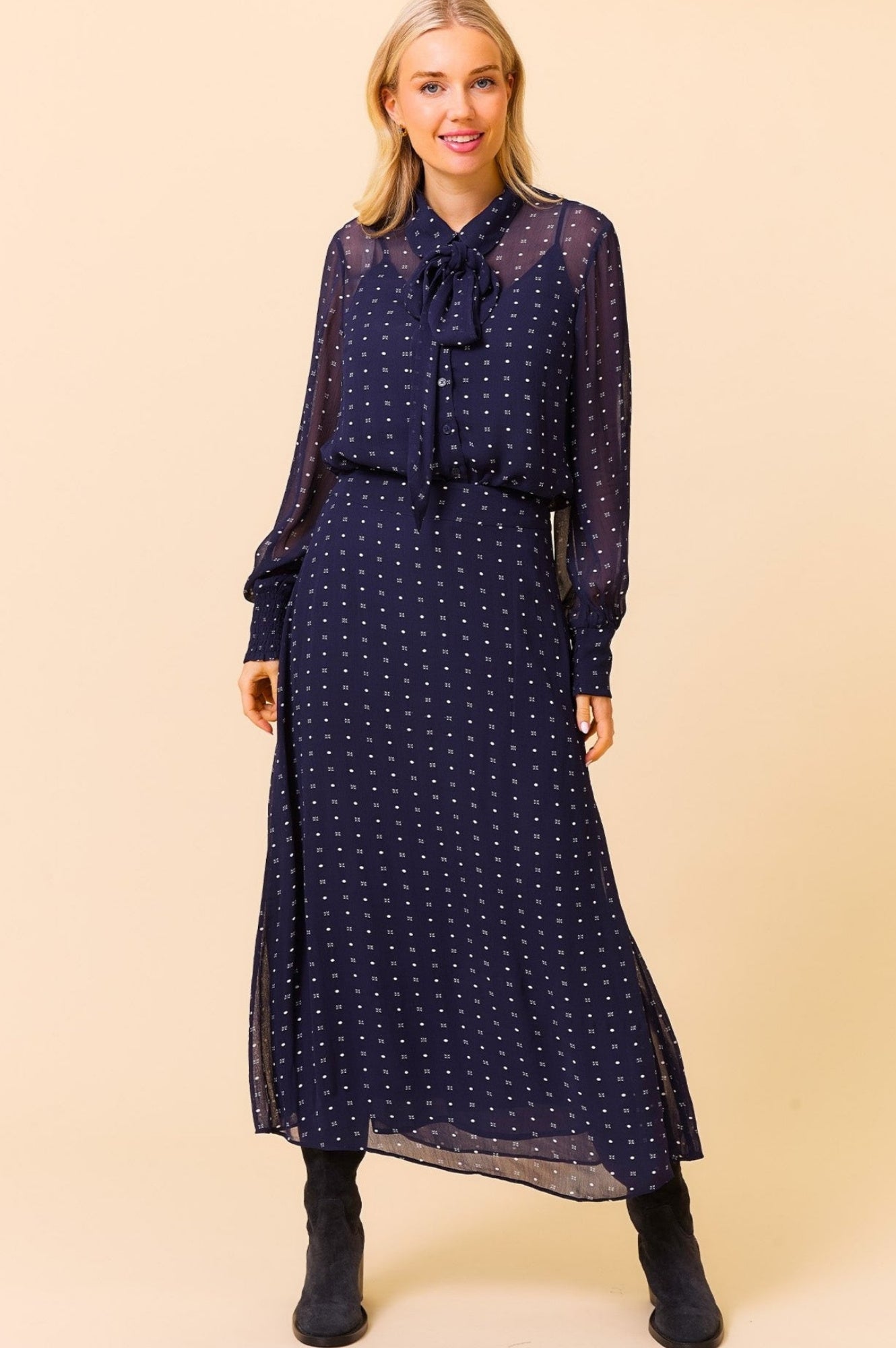 Kate Skirt - Navy & White Polka Dot Flared Midi Skirt for Women | Casual & Office Wear | Perfect for Spring & Summer Outfits