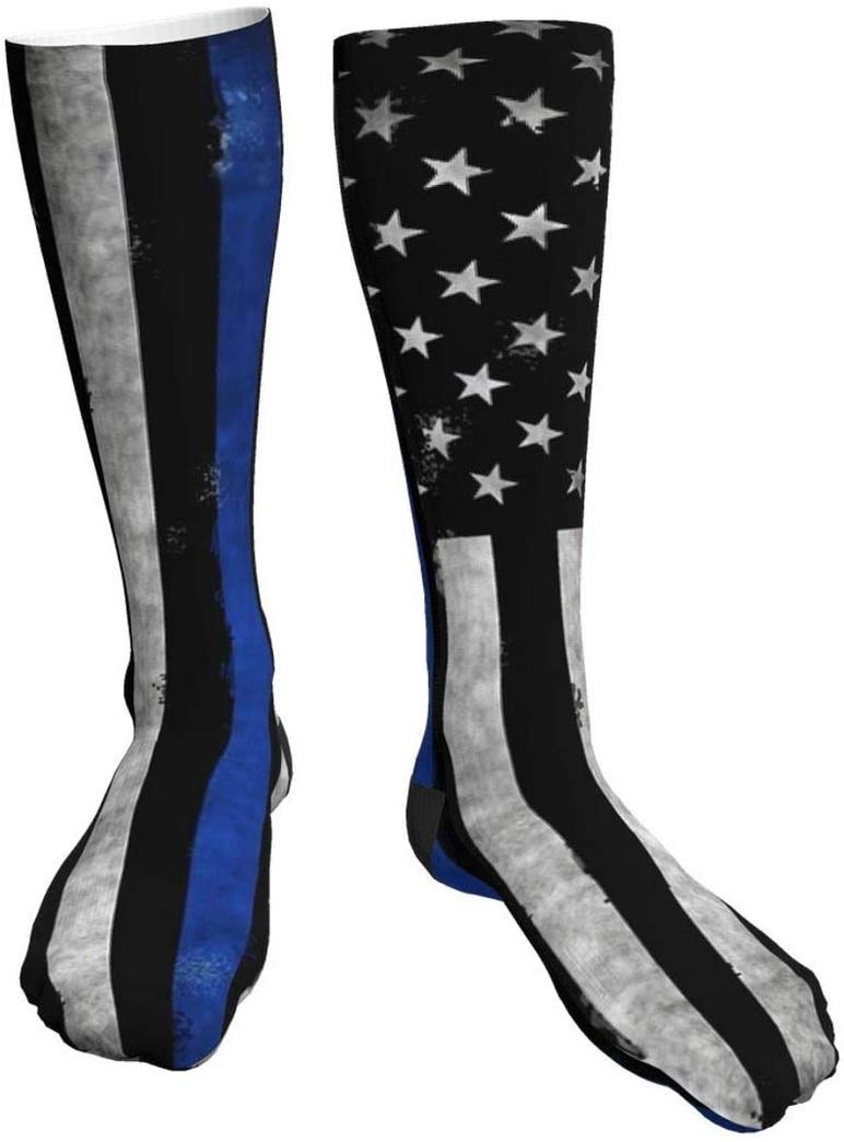 American Police Flag Compression Socks - Black, White & Blue Striped Unisex Printed Socks - Crazy Patterned Fun Long Cotton Over-The-Calf Tube Socks for Running, Nursing & Law Enforcement Support