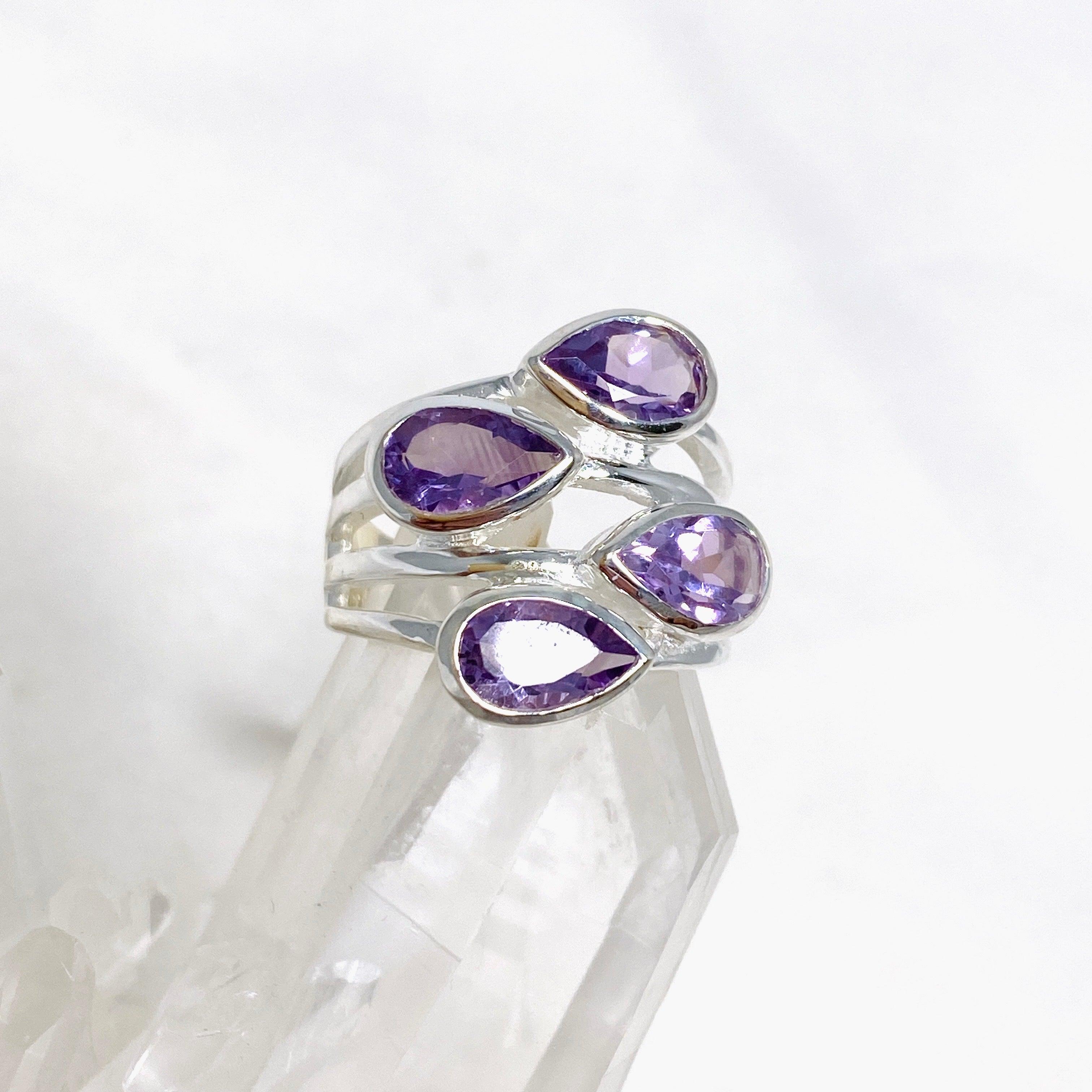 Amethyst Multi-Stone Faceted Teardrop Ring R3815 - Elegant Purple Gemstone Jewelry for Women, Perfect for Weddings, Parties & Special Occasions