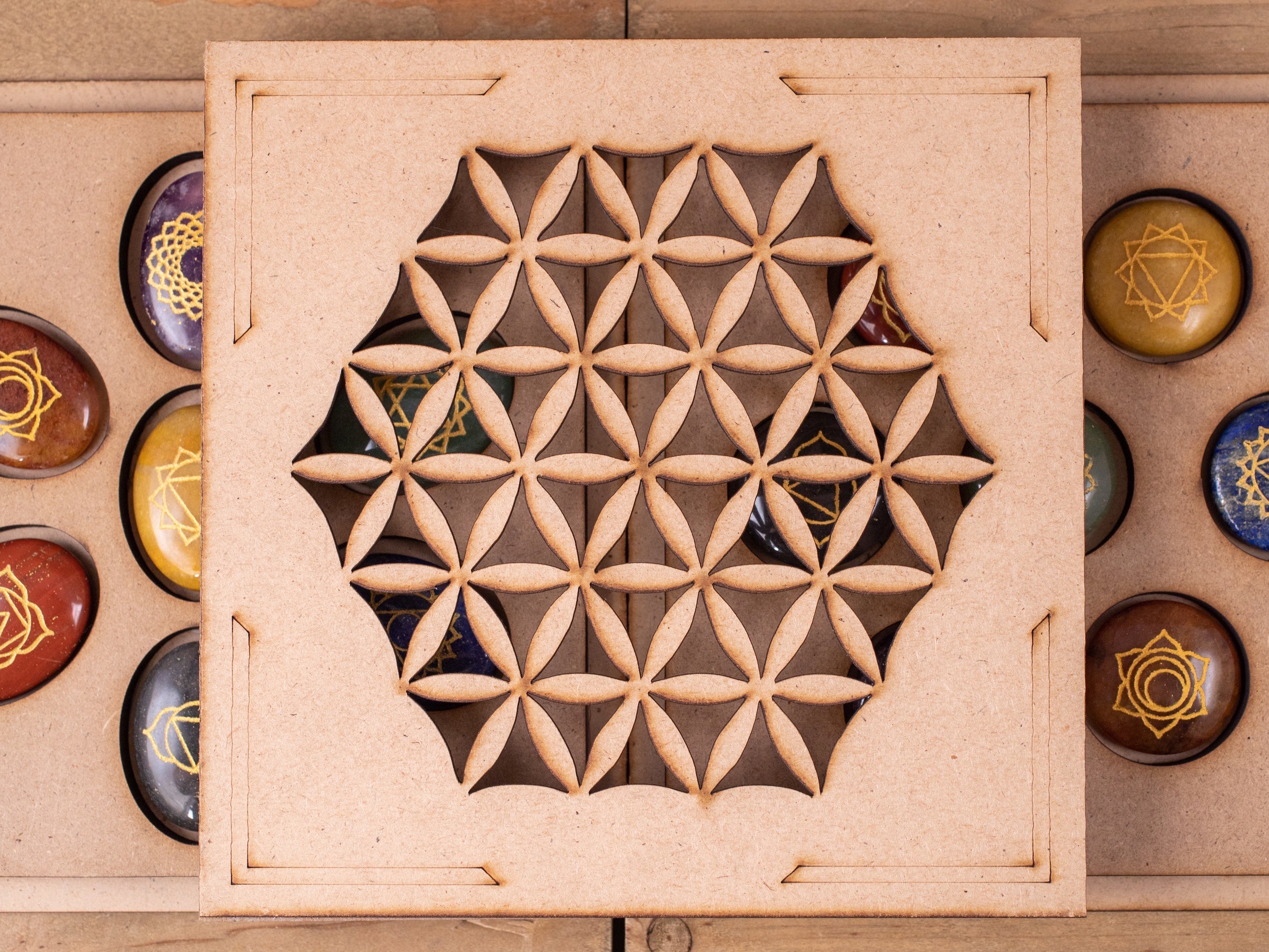 Chakra Healing Crystals Set with Wooden Grid Board - Flower of Life Design for Energy Healing, Meditation & Reiki | Beginner Crystal Kit for Self Care, Spiritual Growth & Home Decor (E1757)