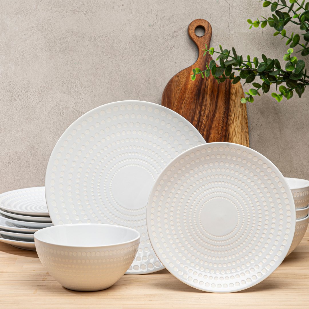 12-Piece Bijou Ceramic Dinnerware Set - Elegant Pearl White Plates & Bowls for Everyday Dining, Entertaining, and Special Occasions