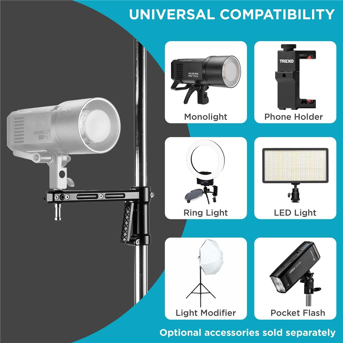 Flashpoint RB-PG Heavy Duty Steel Wheeled Pistol Grip Light Stand for Photography - 6.5' Max Height, 22 Lbs Load Capacity with Sliding Arm & Chrome-Plated Column - Perfect for Studio, Portrait, and Video Lighting Setups