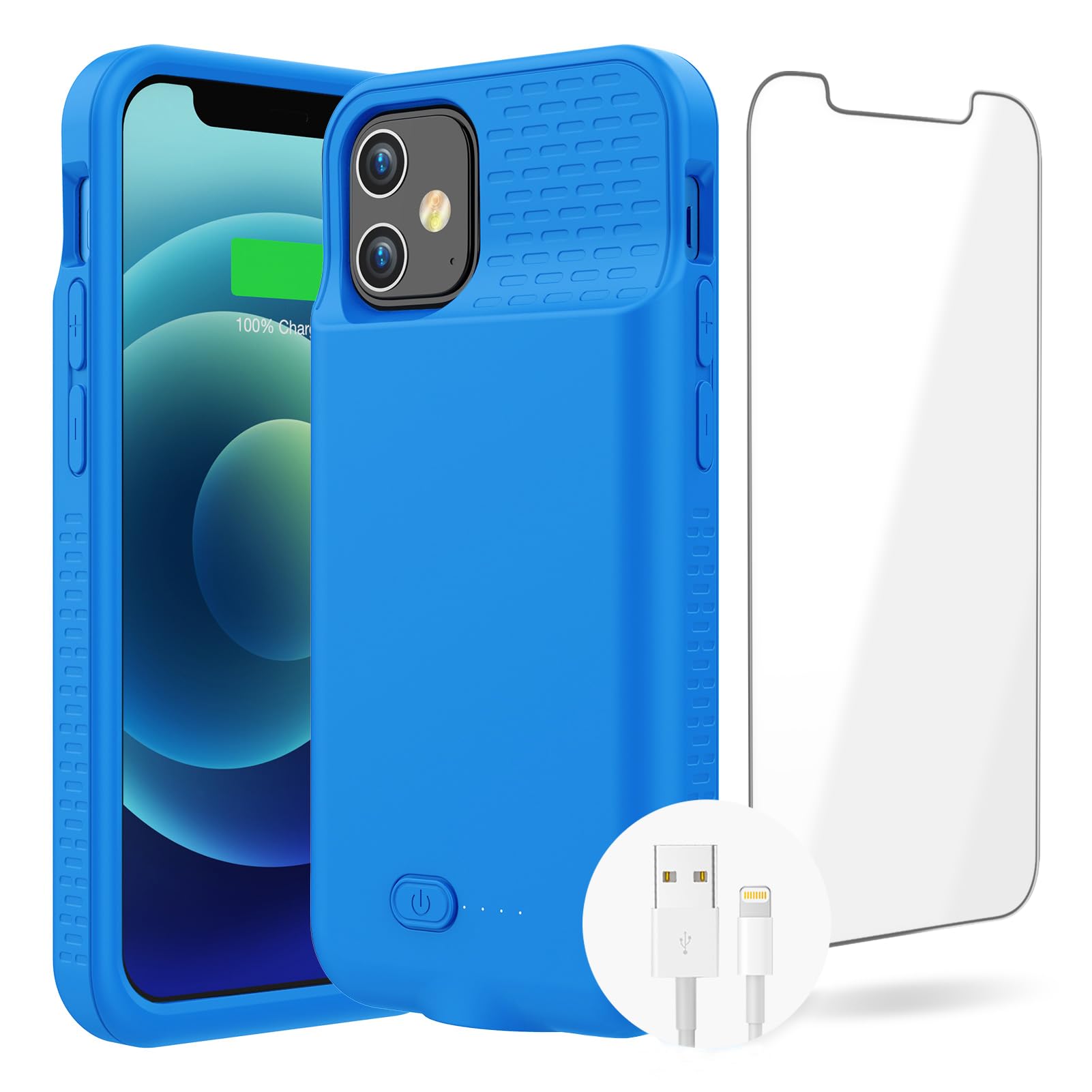 GIN FOXI 7000mAh Ultra-Slim Rechargeable Battery Case for iPhone 12/12 Pro (6.1 inch) - Anti-Fall Protection Extended Charging Cover - Blue | Perfect for Travel, Outdoor Activities & Daily Power Backup