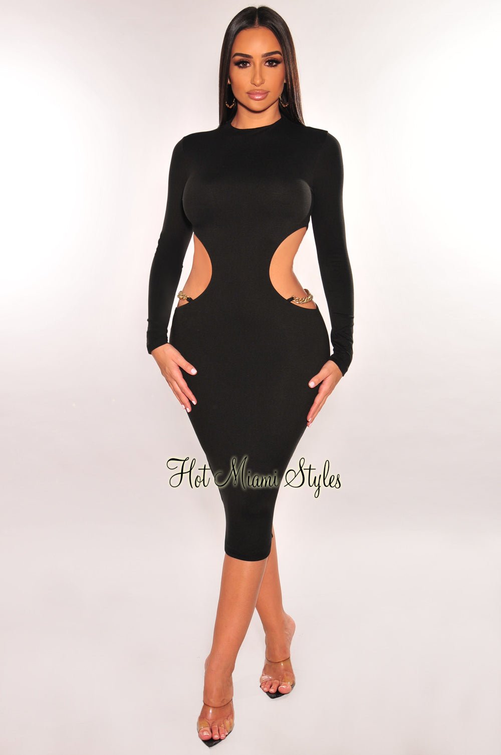 Elegant Black Mock Neck Gold Chain Cut Out Long Sleeve Dress for Women - Perfect for Evening Parties, Date Nights & Special Occasions