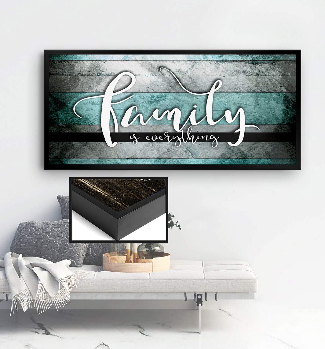 Family Is Everything Wall Art - Large Framed Canvas Painting for Living Room & Farmhouse Decor - Teal & Black Floating Frame 42x19 - Perfect for Home, Office & Gift Giving