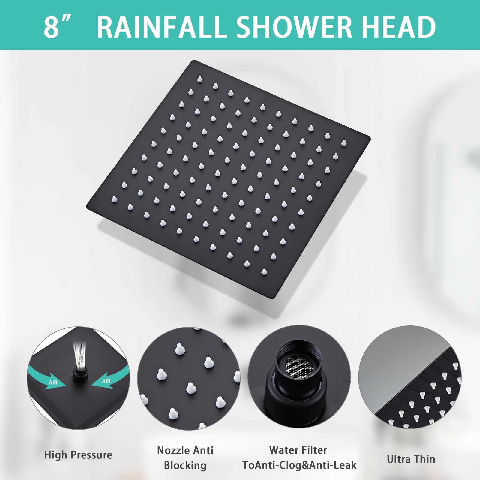 8 Inch Rainfall Shower System - High Pressure Handheld Shower Head with Wall Mounted Mixer Valve & Tub Spout - Complete Bathroom Shower Faucet Set for Luxurious Spa Experience at Home