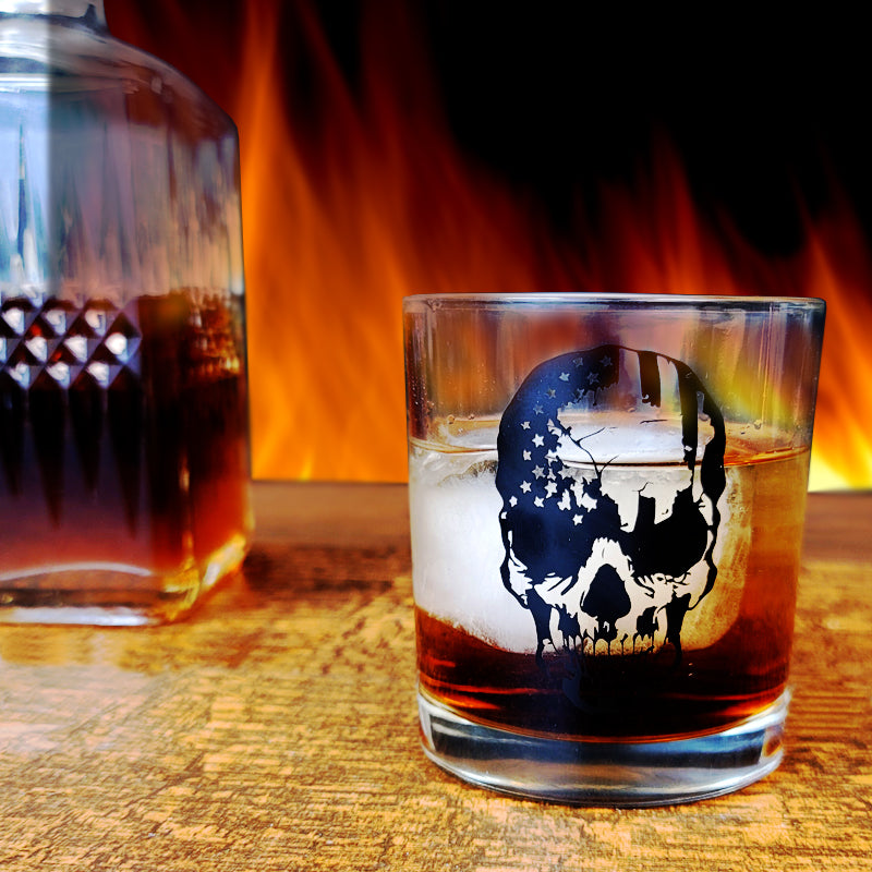 BarConic® 10 oz American Flag Skull Old Fashioned Whiskey Glass - Patriotic Cocktail Glass for Bourbon, Whiskey & Scotch - Perfect for 4th of July Parties, Memorial Day & Patriotic Home Bar Decor