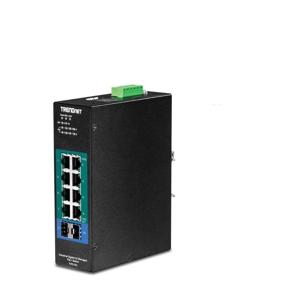 TRENDnet TI-PG102i 10-Port Industrial Gigabit L2 Managed PoE+ Switch | 8 PoE+ Ports, DIN-Rail Mount, 2 SFP Slots | VLAN, QoS, IP30 Rating | Ideal for Factory Automation & Smart Building Networks (Renewed)