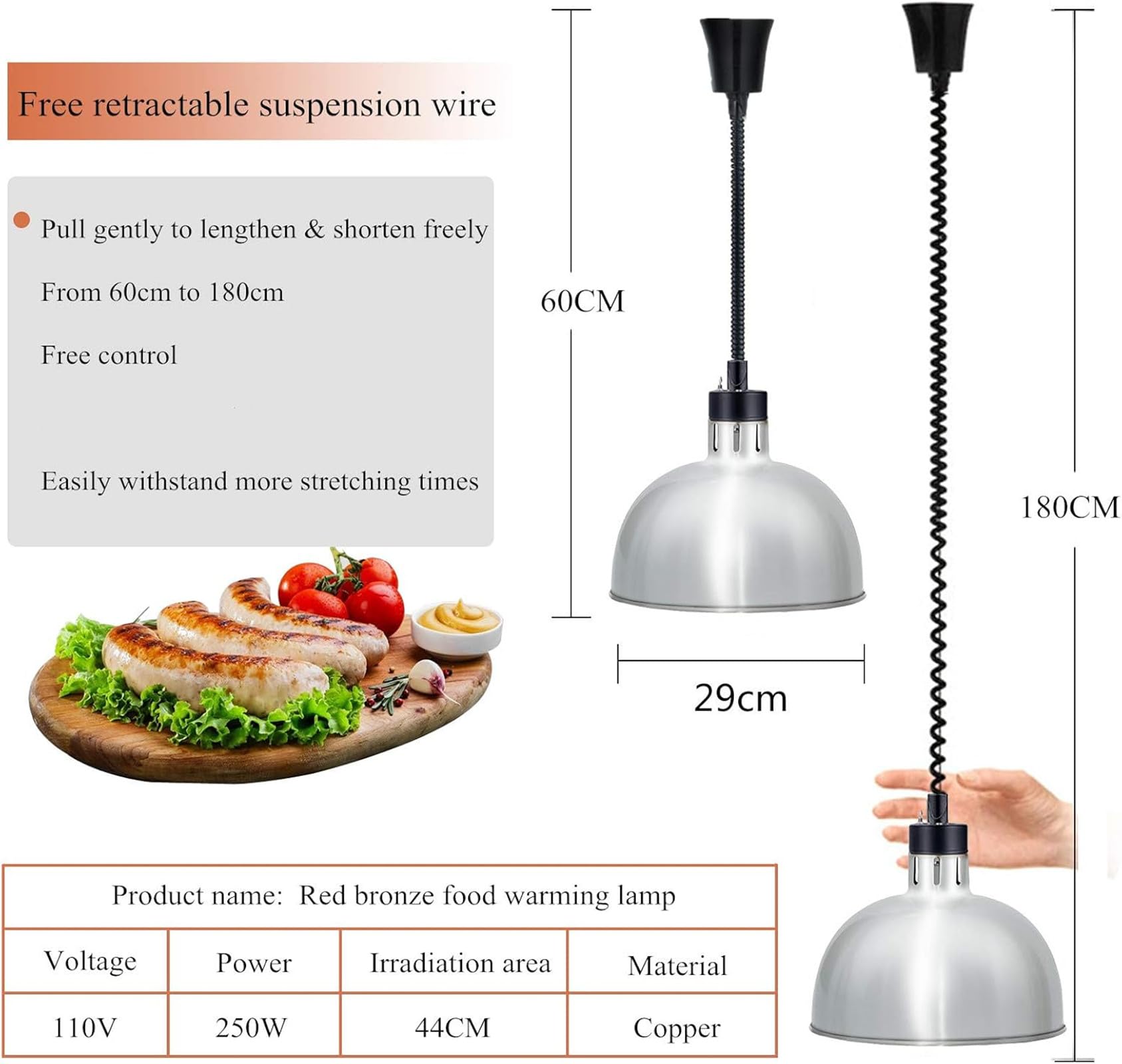 Commercial Food Warmer Lamp - 250W Retractable Heat Lamp with 60-180mm Adjustable Height, 290mm Diameter for Restaurants, Catering & Home Use (Silver, 110V) - Perfect for Buffets, Bakeries & Food Service Stations