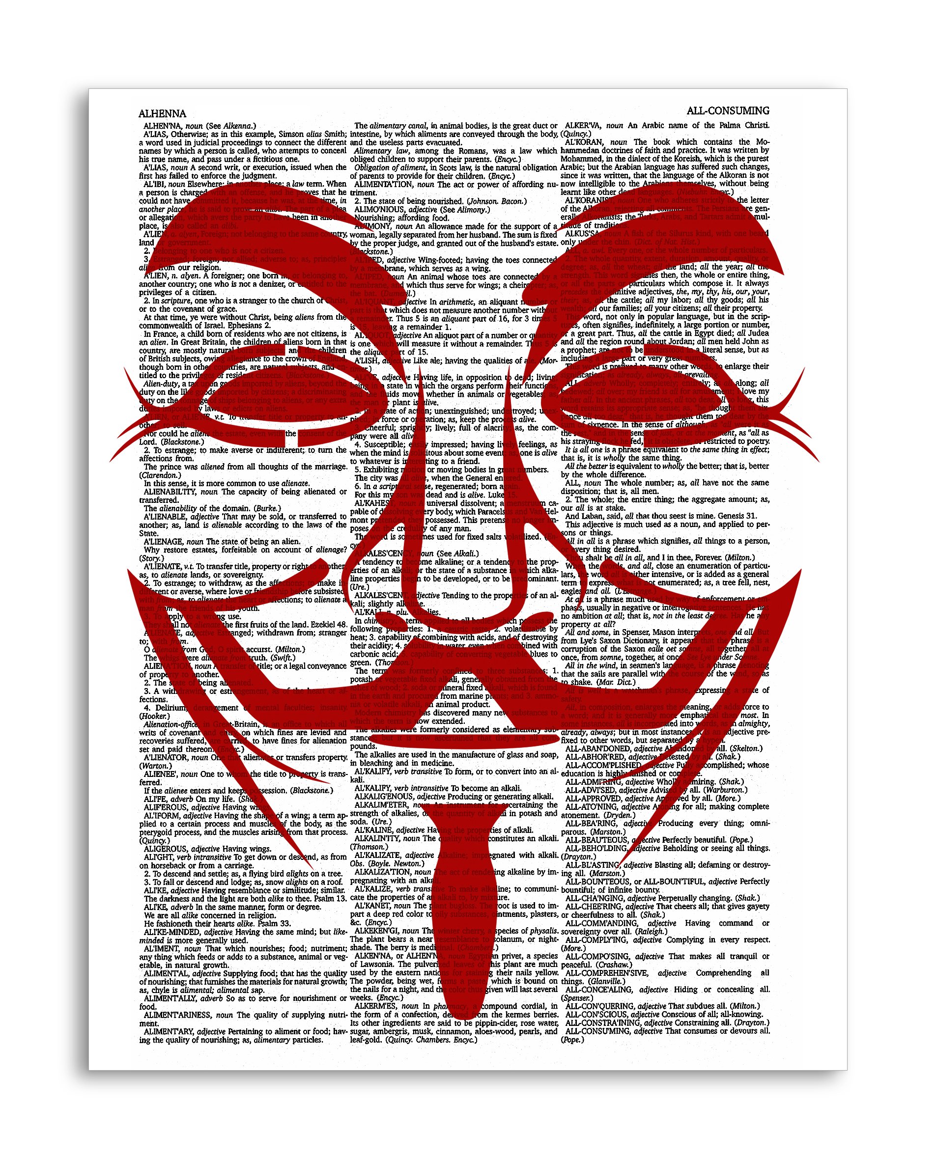 Anonymous Red 8.5x11 Inch Dictionary Art Print - Vintage Mixed Media Wall Decor Poster on Semi-Translucent Paper | Perfect for Living Room, Bedroom & Office Decor
