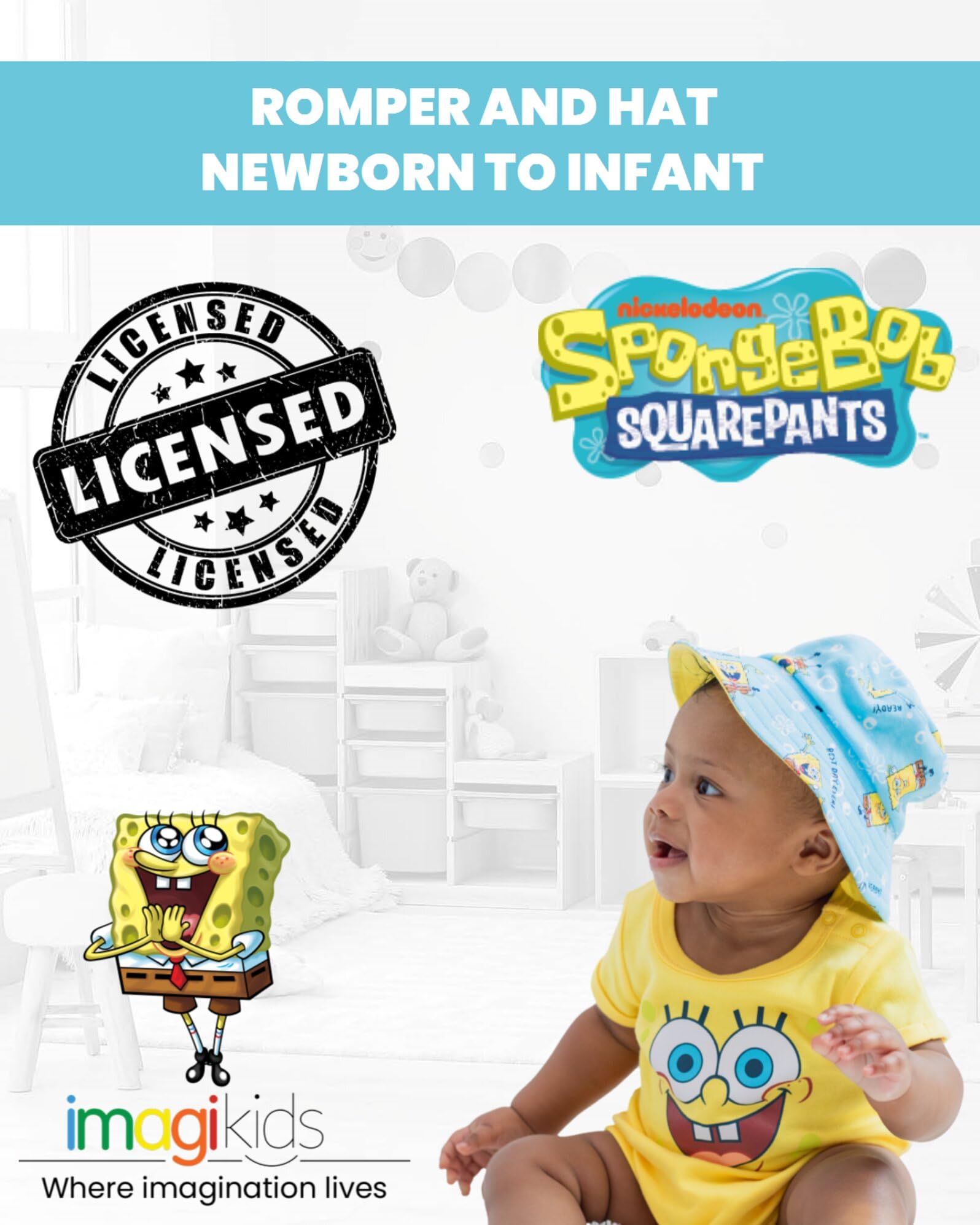 SpongeBob SquarePants Baby Romper and Hat Set - Cute Cartoon Outfit for Newborn to 12 Months Infant - Perfect for Birthday, Photo Shoots & Family Gatherings