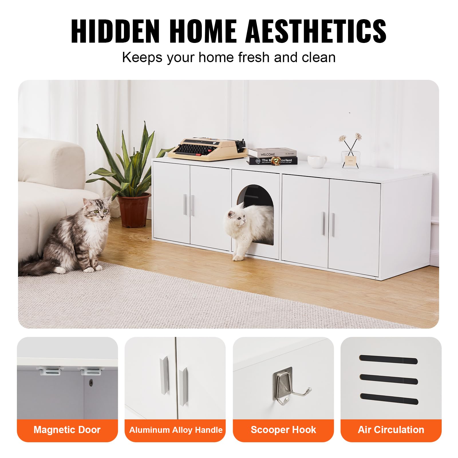 VEVOR Double Cat Litter Box Enclosure Furniture - Hidden Wooden Cabinet for 2 Cats with 2 Rooms, Fits Most Litter Boxes (57.9