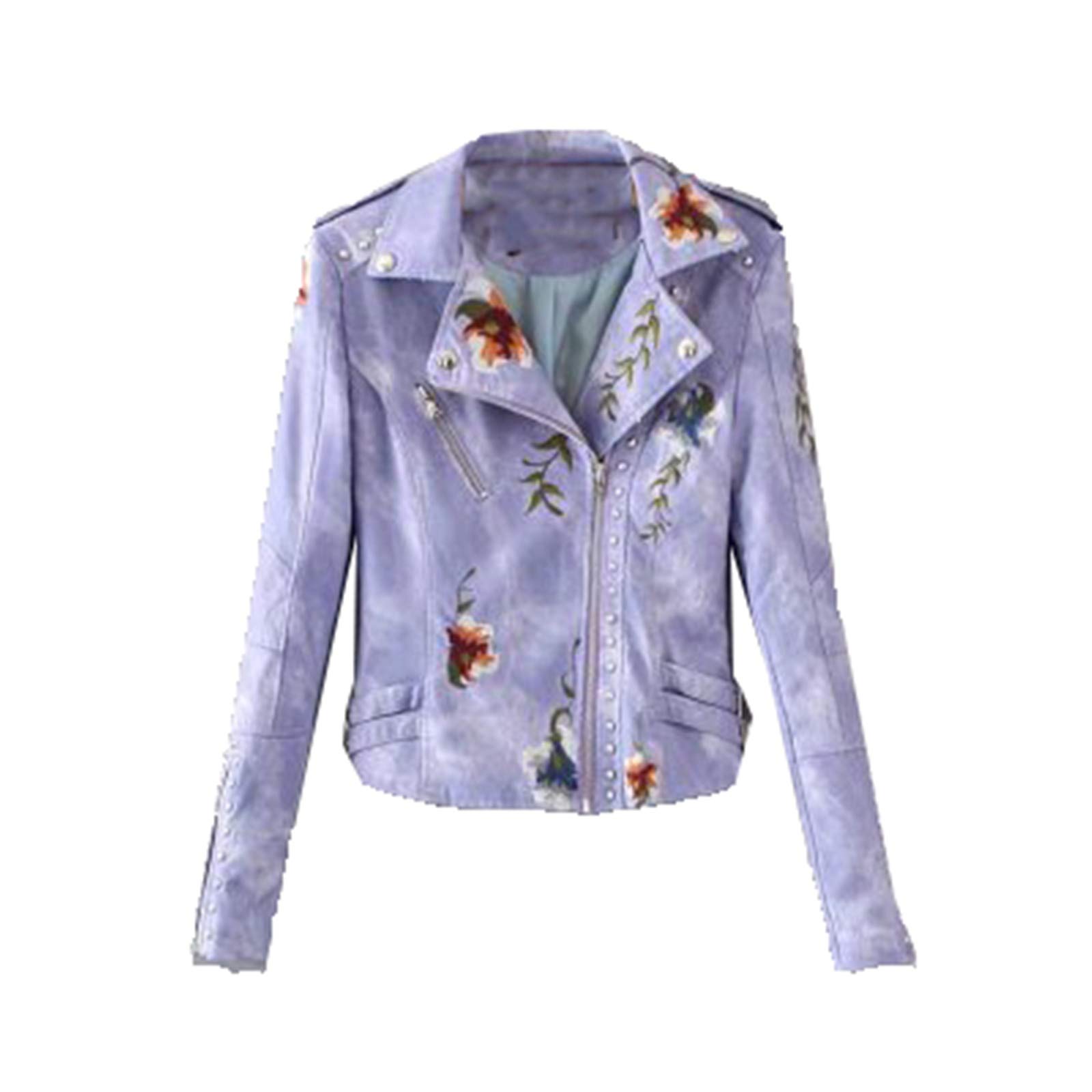 Stylish Autumn Flower Embroidery PU Leather Jacket for Women - Slim Fit Short Motorcycle Biker Jacket with Rivet Details | Perfect for Casual Outings, Bike Rides & Fall Fashion