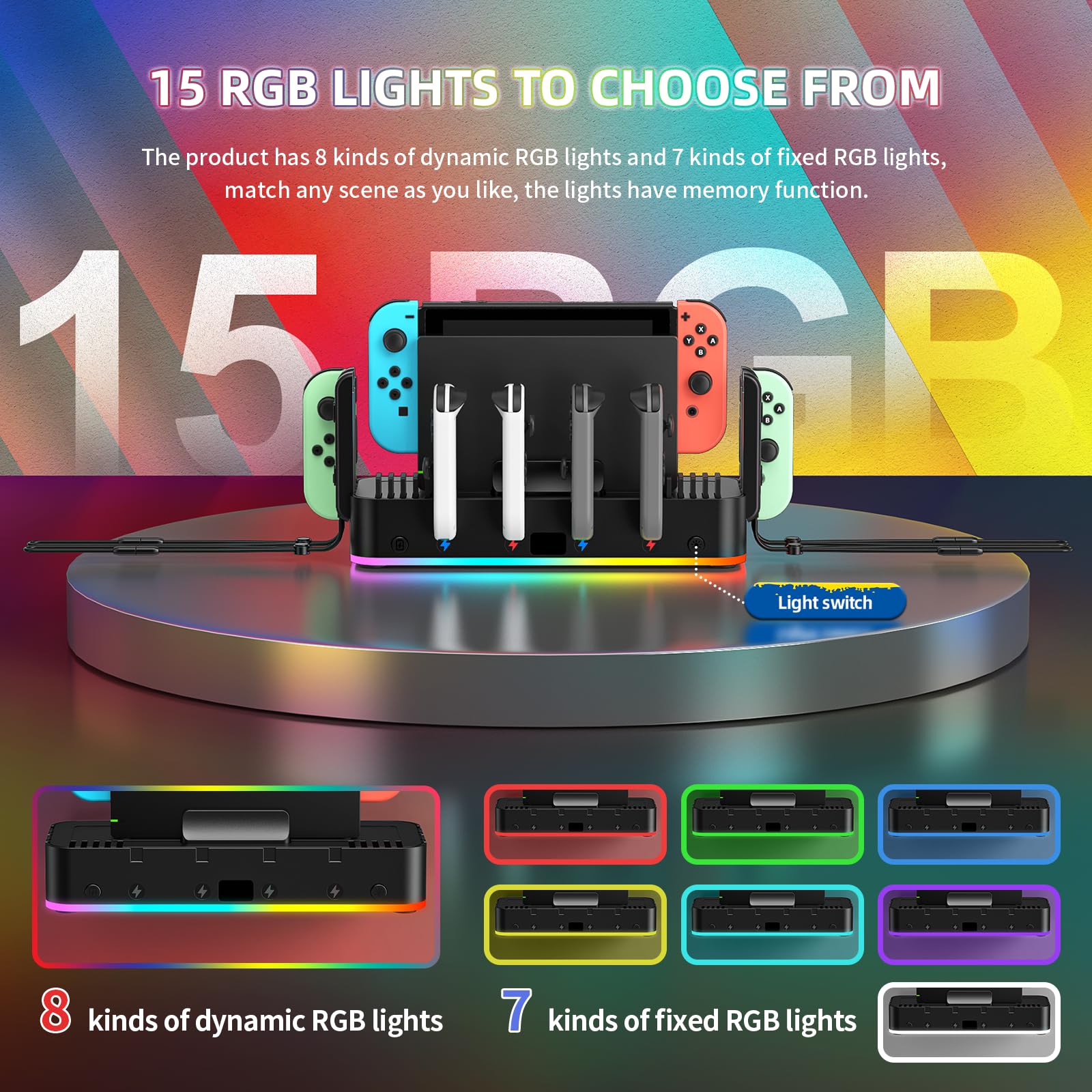 RGB Wall Mount Charging Dock for Nintendo Switch & OLED - Joy-Con Controller Holder with 15 Light Modes, 4 Charging Ports, 2 USB Ports & 10 Game Card Slots | Perfect Switch Accessories for Gaming Setup & Organized Playstation