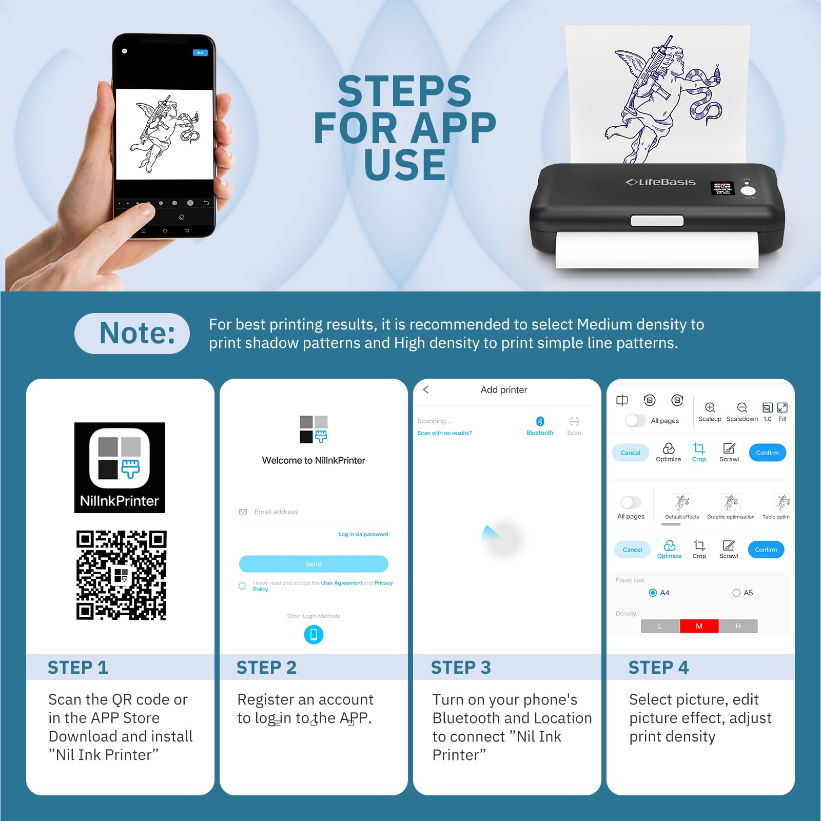 LifeBasis Bluetooth Tattoo Stencil Printer - Wireless Thermal Tattoo Transfer Machine with 30PCS Stencil Paper, Compatible with iOS & Android - Perfect for Tattoo Artists & Home Tattoo Kits