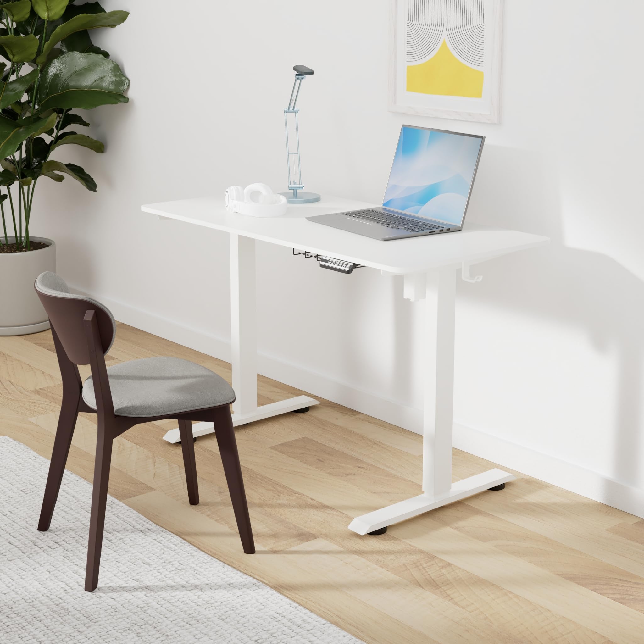 SHW 48-Inch Electric Height Adjustable Sit to Stand Desk with Hanging Hooks & Cable Management, 122 x 60cm White - Perfect for Home Office, Gaming & Workspace Ergonomics