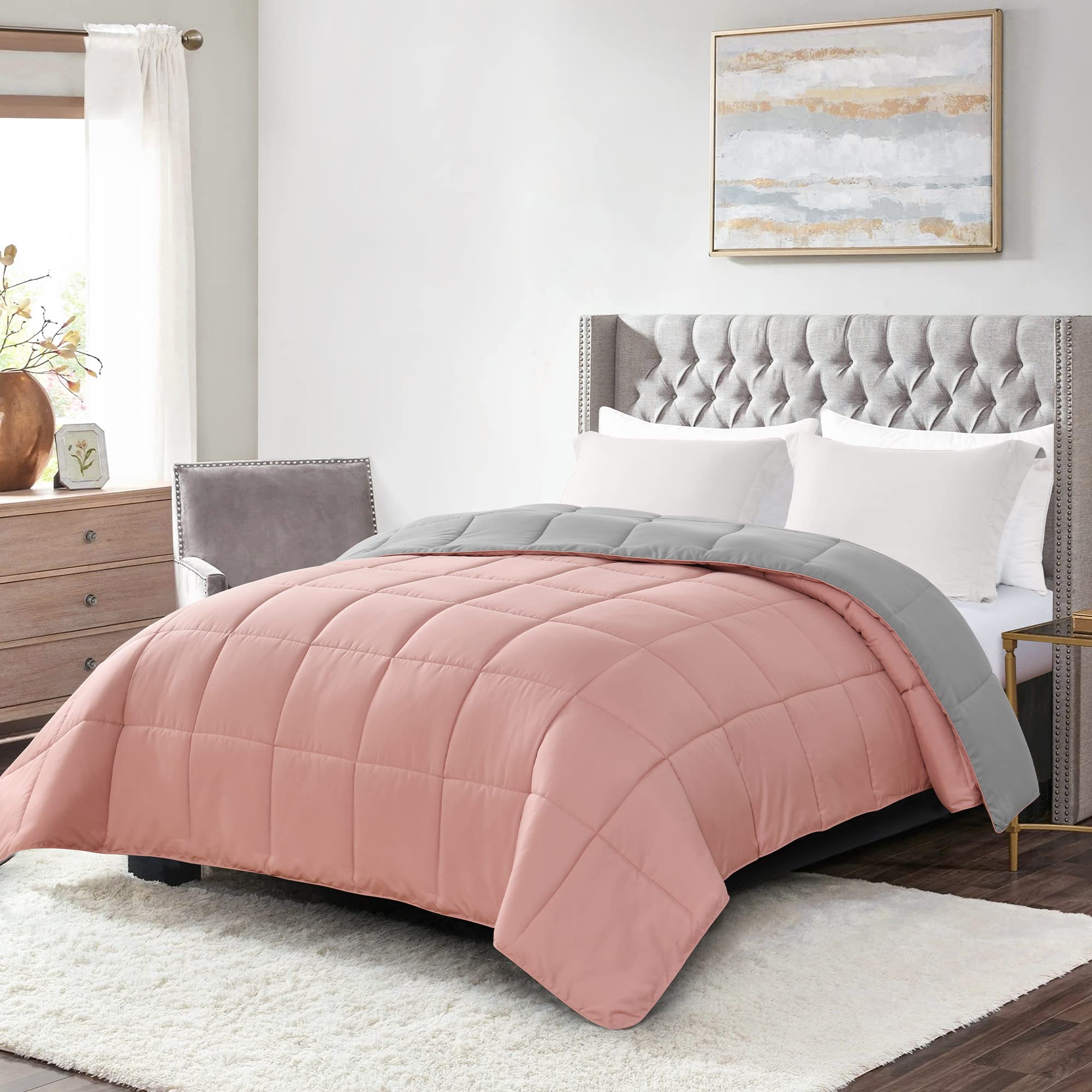 Homelike Moment Twin Comforter Duvet Insert - Pink Down Alternative Bedding, Lightweight All-Season Reversible Comforter (Pink/Grey) for Kids, Teens & Guest Rooms - Soft Quilted Design for Ultimate Comfort