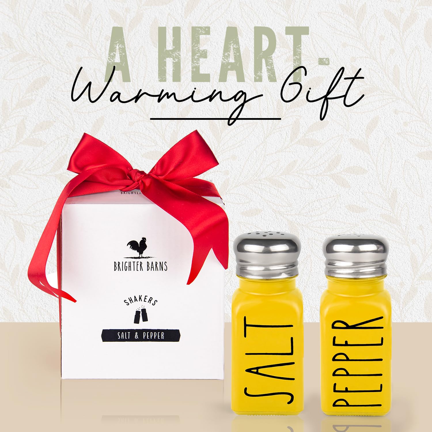 Brighter Barns Yellow Salt and Pepper Shakers Set - Glass Farmhouse Kitchen Decor with Stainless Steel Lids - Perfect for Home, Restaurants & Wedding Gifts - Cute Tabletop Accessories for Dining, Cooking and Entertaining