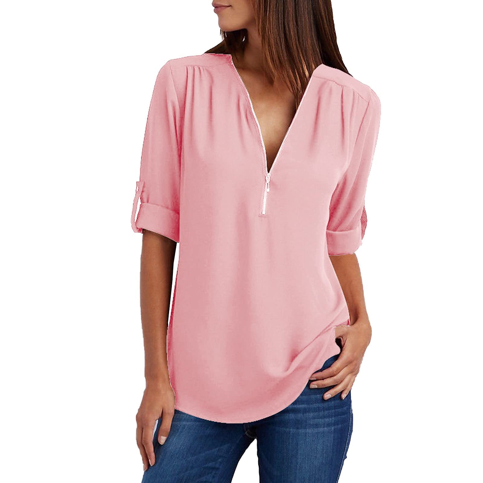 Women's Casual V-Neck Zip Up Tunic Blouse - Summer Rollable T-Shirt Top for Travel, Beach & Everyday Wear