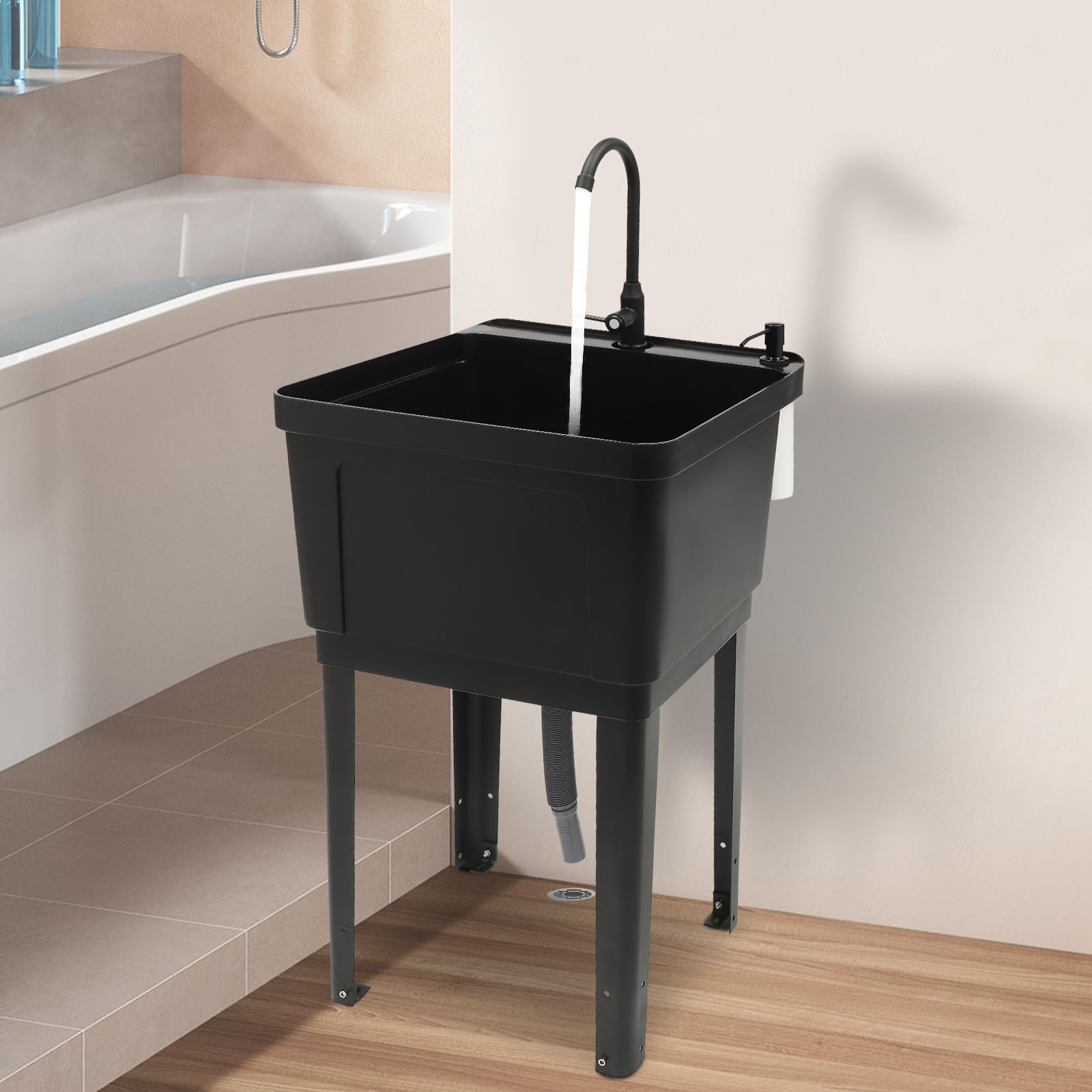 Freestanding Laundry Utility Sink with Faucet & Drain Kit - Heavy Duty Washing Tub for Basement, Garage, Garden & Laundry Room - Durable Black Standalone Sink for Home Cleaning & Outdoor Use