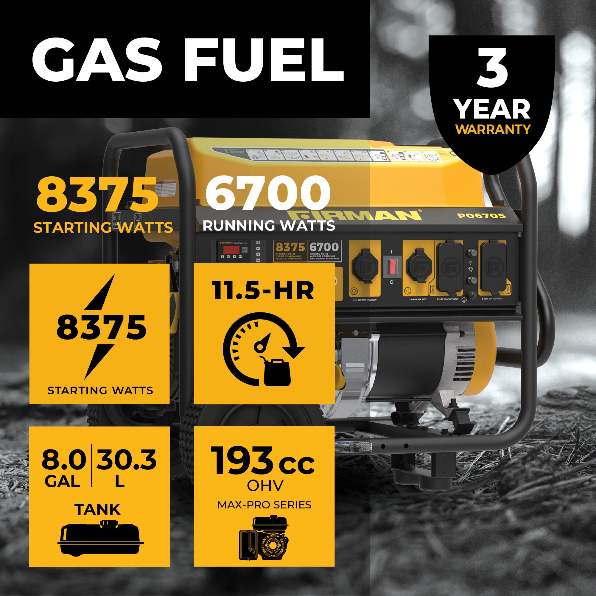 8350W Portable Gas Generator with Recoil Start, 120/240V Dual Voltage & CO Alert - Perfect for Camping, Emergency Power, and Outdoor Events