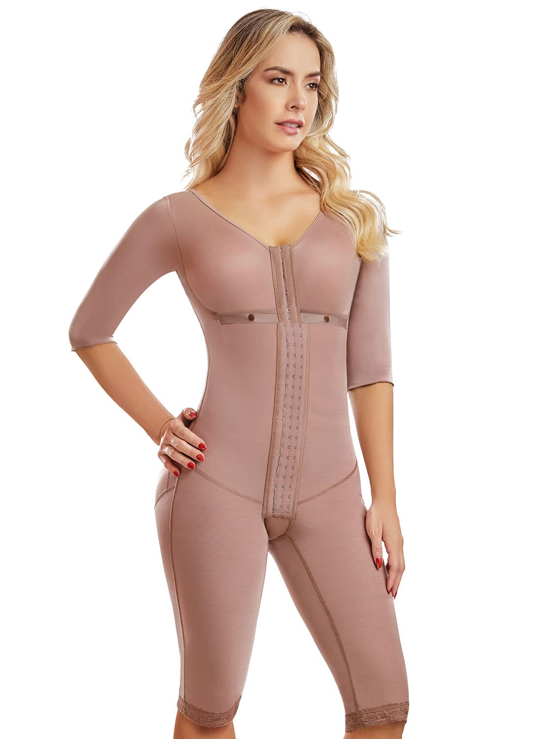0710 Colombian Shaping Fajas with Sleeves & Bra - Tummy Control Powernet Shapewear for Women, Knee-Length Bodysuit with 3-Row Hooks | Perfect for Postpartum Recovery, Weight Loss & Everyday Slimming