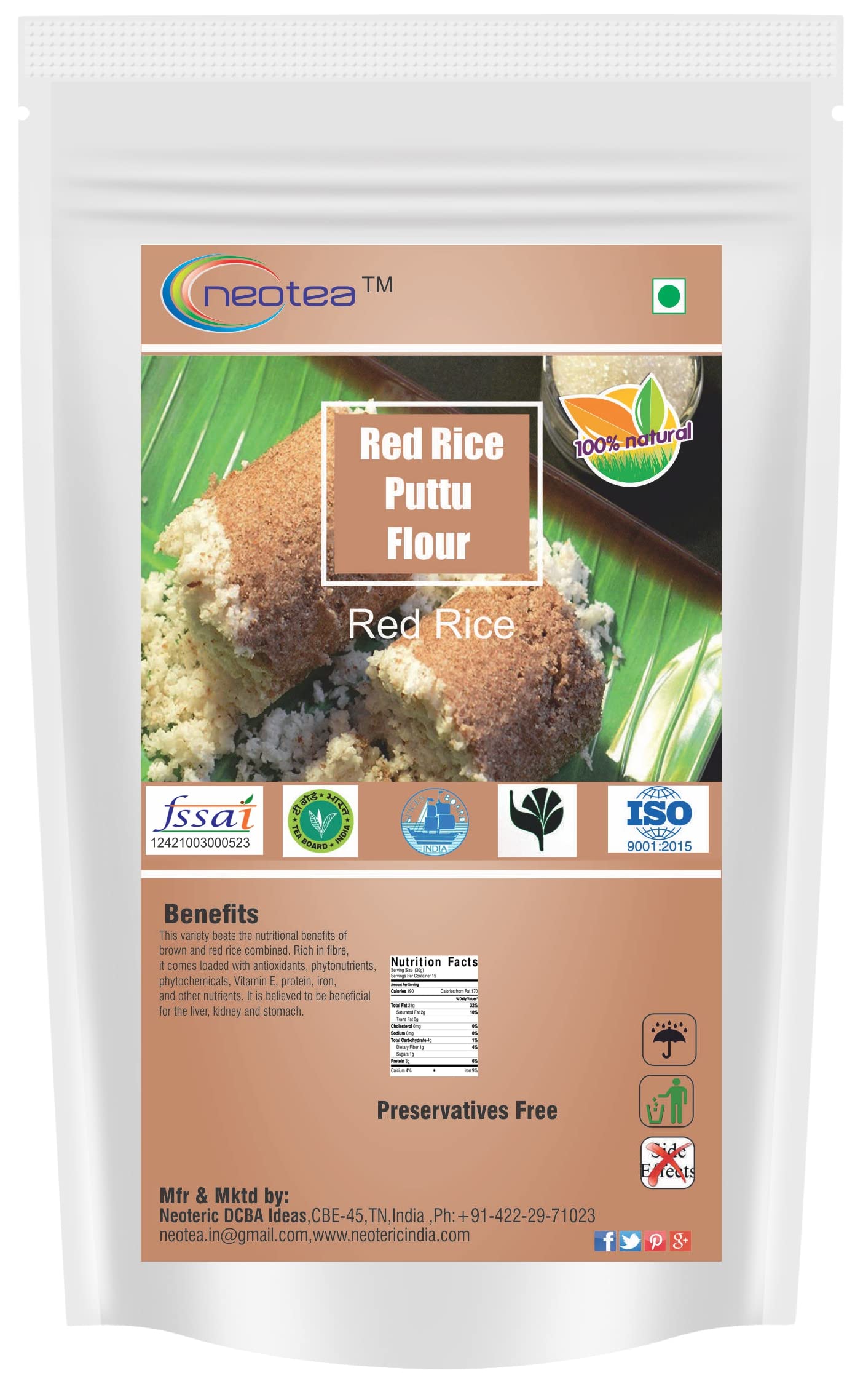 Organic Neotea Red Rice Puttu Flour 250g - Gluten-Free, Non-GMO Kerala Breakfast Ingredient for Authentic Indian Steamed Cakes & Healthy Morning Meals