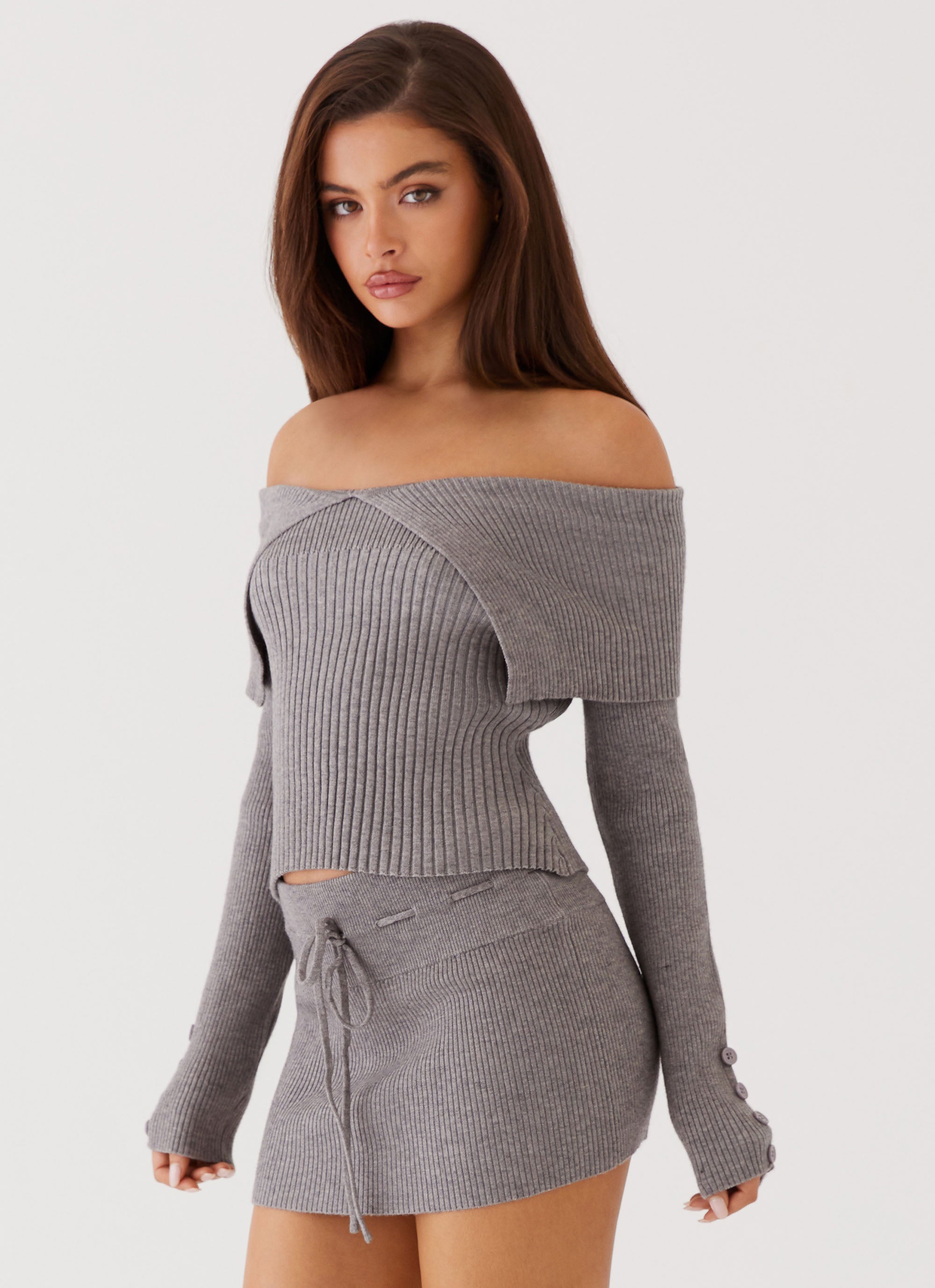 Frankie Arrow Knit Long Sleeve Top for Women - Soft & Comfortable Crewneck Sweater in Charcoal Gray | Perfect for Fall & Winter Layering, Office Wear & Casual Outfits