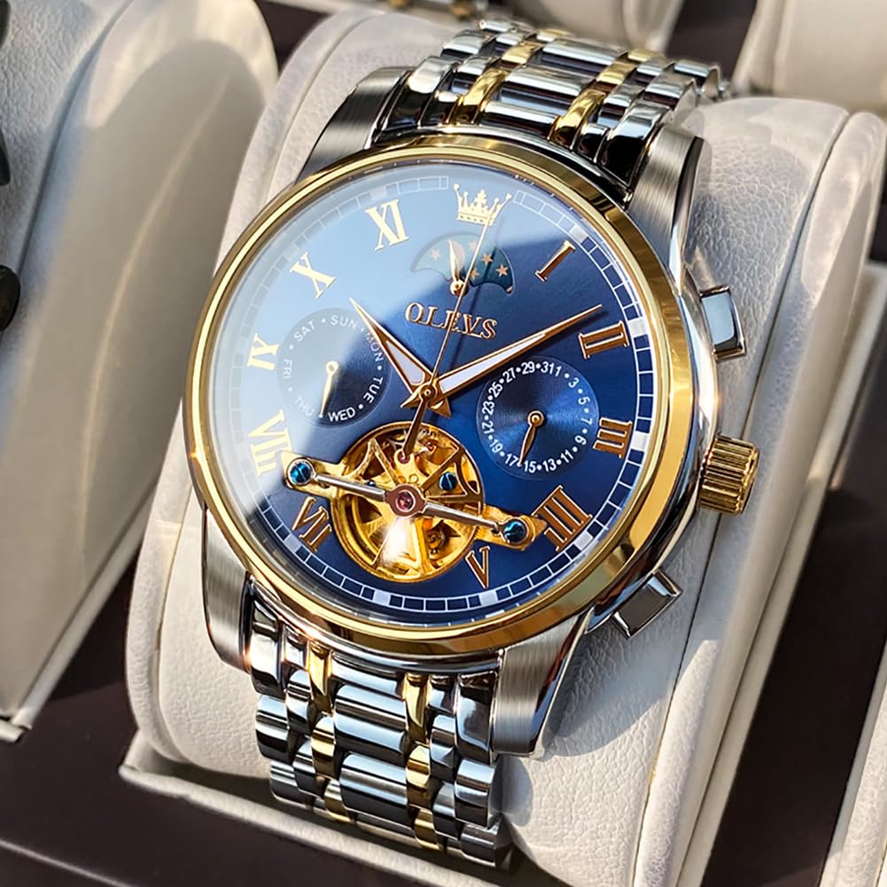 OLEVS Automatic Self-Winding Men's Watch with Date & Day Display - Stainless Steel Skeleton Tourbillon Watch - Waterproof Mechanical Watch for Men | Perfect for Business, Formal Events & Daily Wear