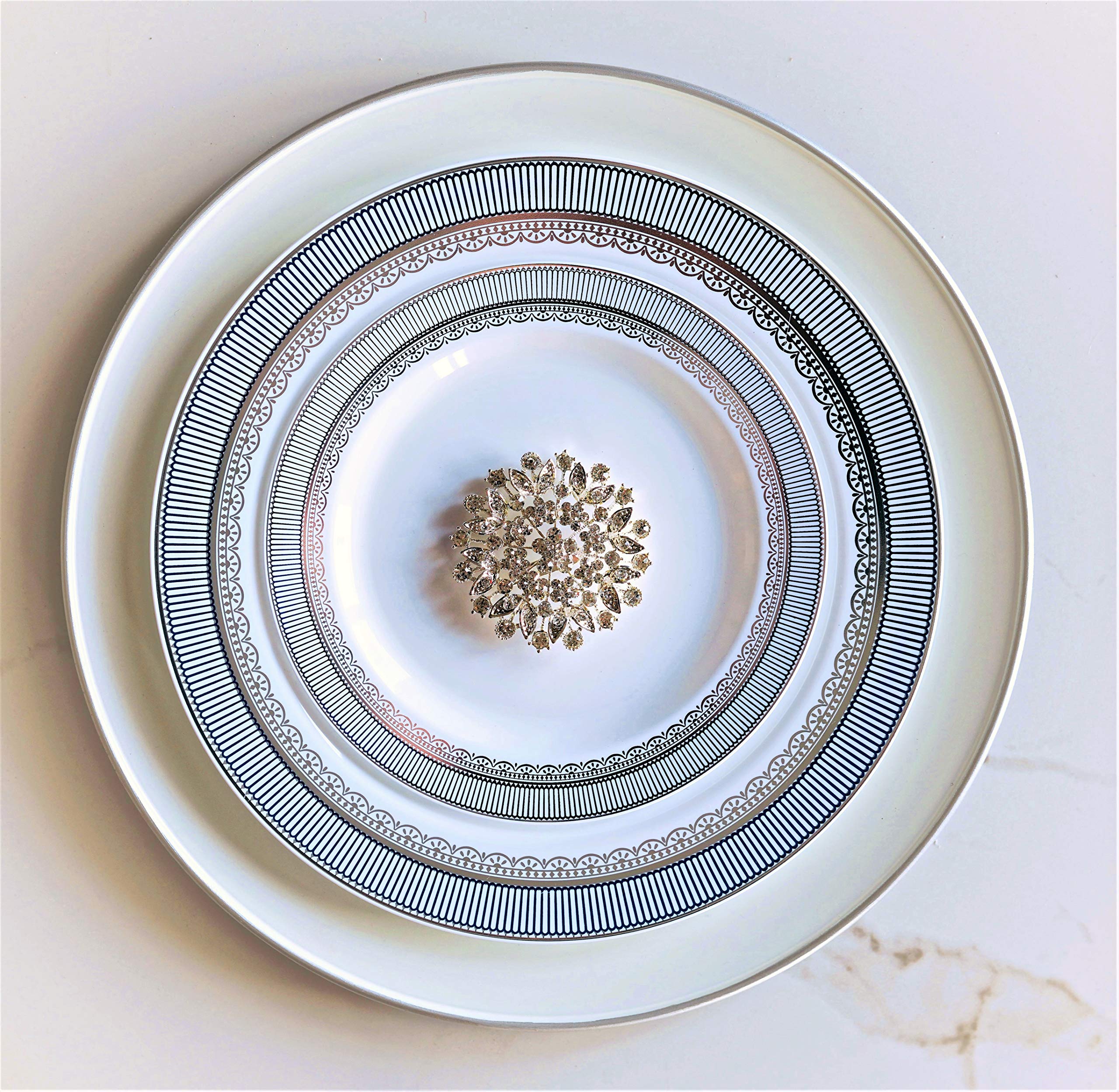 60-Pack Heavyweight Disposable Plastic Plates for Weddings & Parties - 7.5'' Appetizer/Dessert Plates in Louvre White/Blue & Silver - Perfect for Catering, Birthday Celebrations & Formal Events