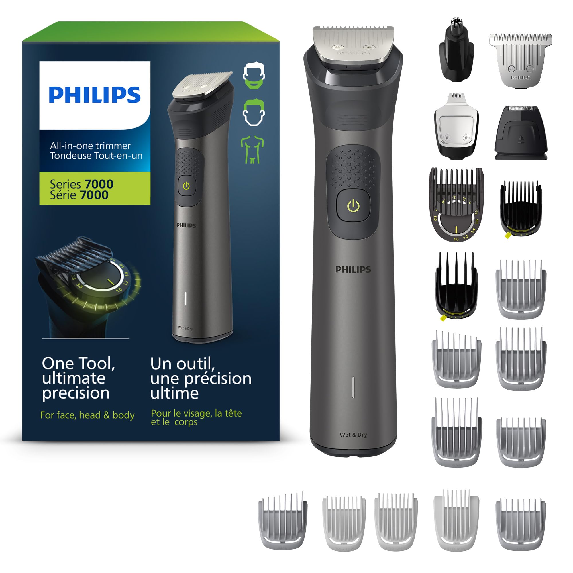 Philips Multi Groomer All-in-One Trimmer Series 7000 (MG7960/28) - Men's Grooming Kit for Beard, Hair, Body & Nose - No Blade Oil Needed - Perfect for Travel, Home & Gym Use