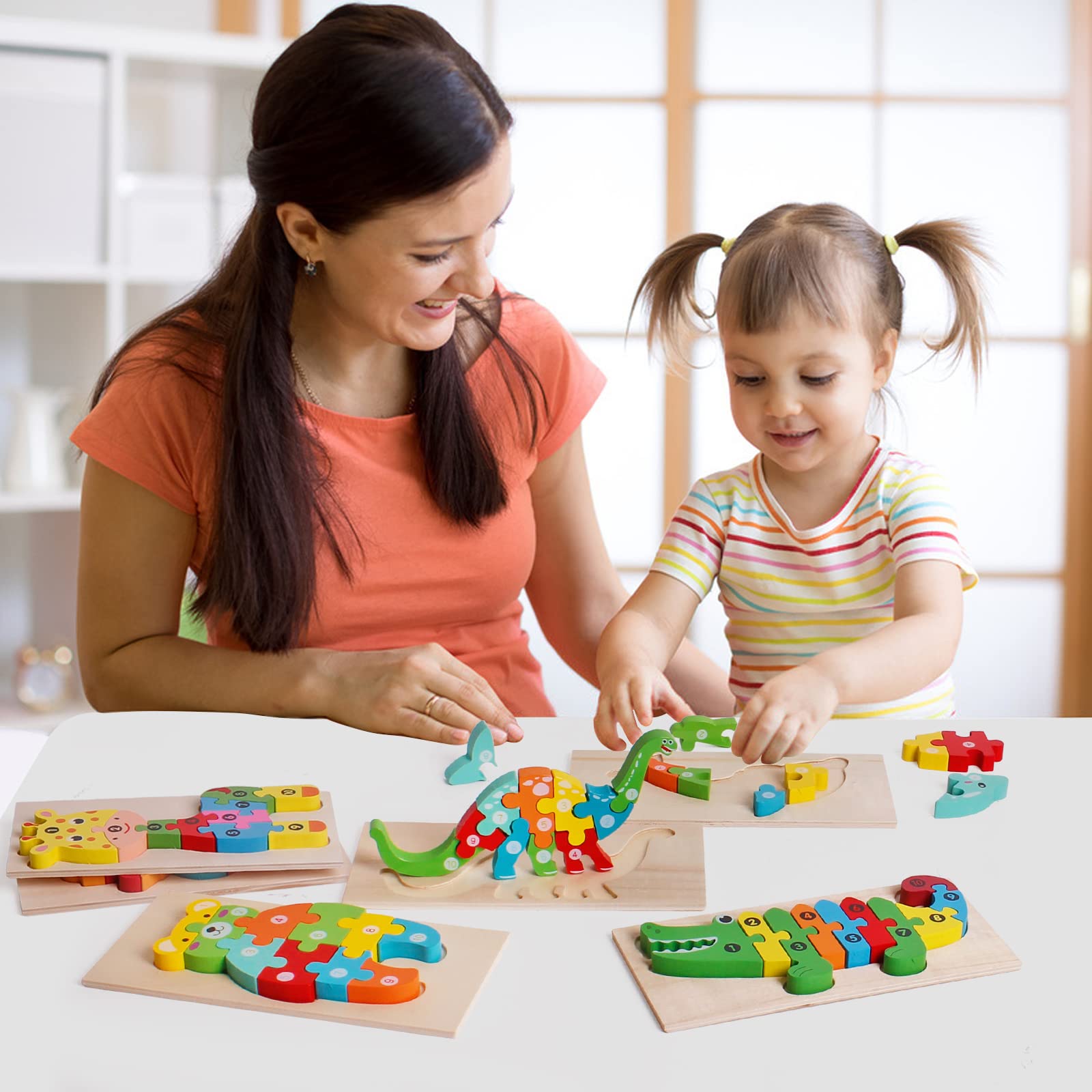 SHIERDU Wooden Puzzles for Kids Ages 2-6 - Educational Number, Dinosaur & Animal Jigsaw Toys for Toddlers - Perfect Gift for Boys & Girls (Pack of 6) - Fun Learning Activity for Preschool & Early Childhood Development