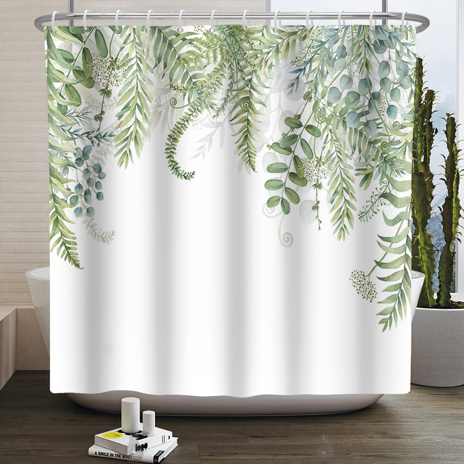 Botanical Tropical Green Leaf Shower Curtain - Watercolor Eucalyptus & Sage Green Jungle Design - 72x78 Inches Fabric Bathroom Curtain for Spa, Boho, or Nature-Themed Decor