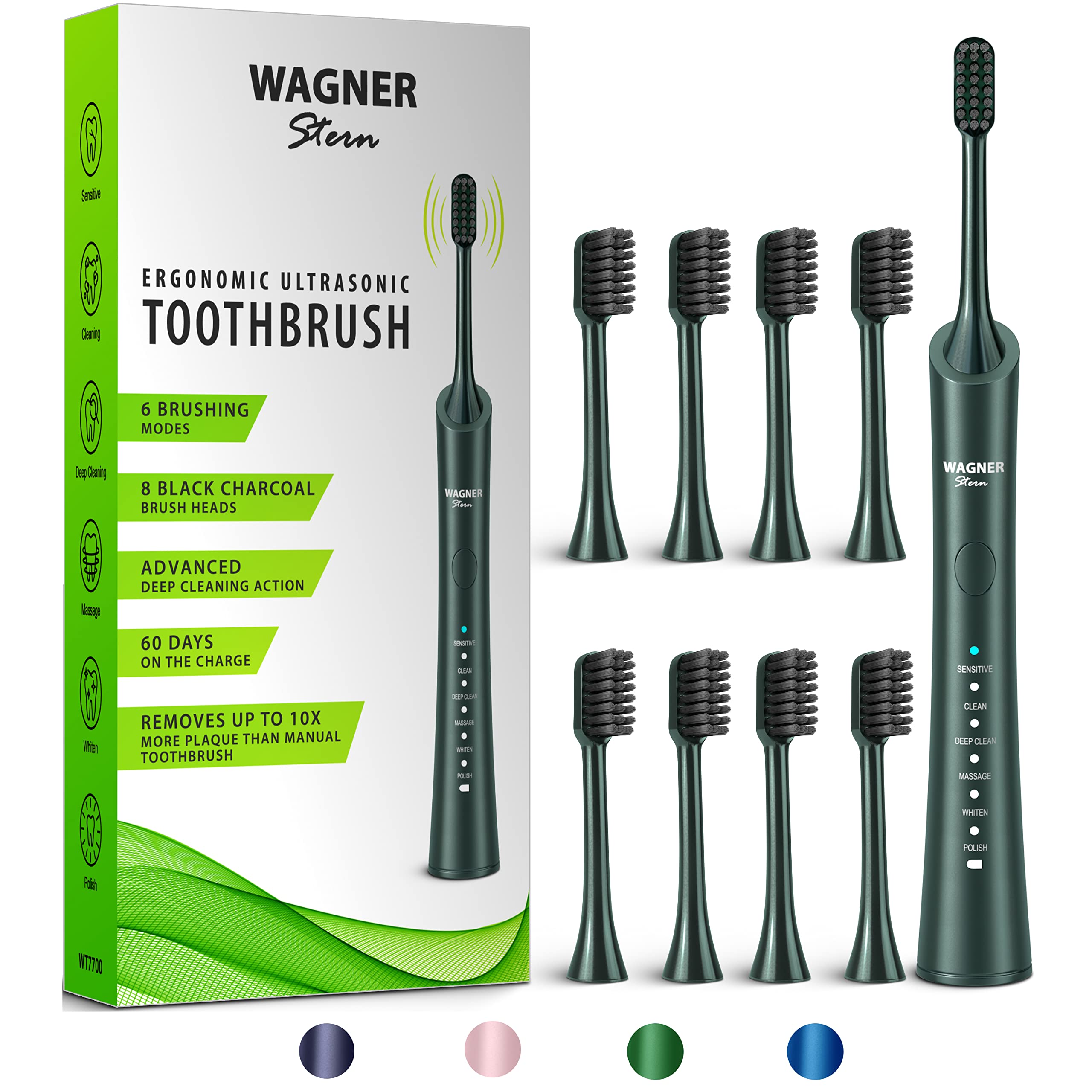 Wagner Stern Ultrasonic Whitening Electric Toothbrush with 8 Charcoal Black Brush Heads - Fresh Breath & Healthy Smile (Green) | Perfect for Travel, Home & Office Use