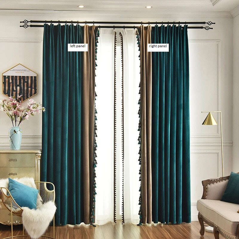 Luxury Velvet Curtains - Peacock Green & Cedar Gray Spliced Design for Living Room, Bedroom & Home Decor | Ethan American Premium Window Treatments for Elegant Interior Design