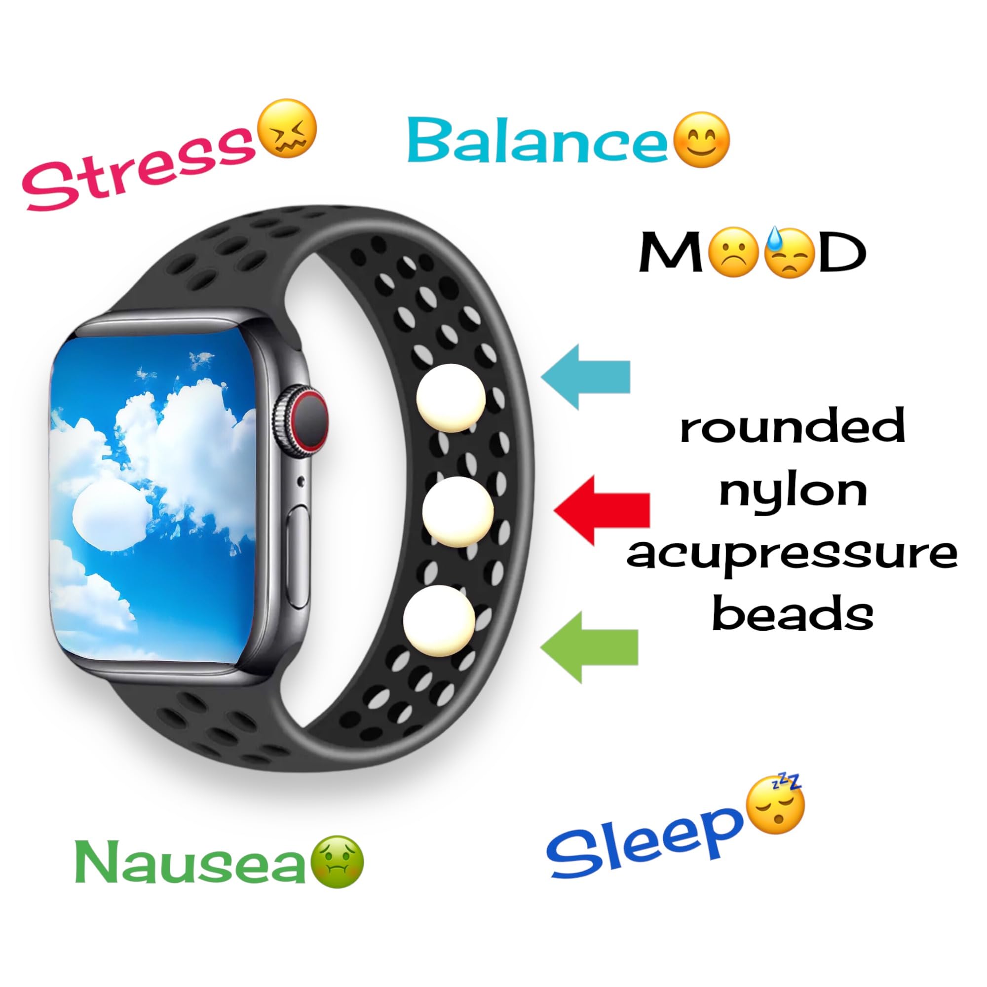 Acupressure Watch Band for Stress & Nausea Relief - Waterproof Silicone Solo Loop Design for Apple Watch - Natural Balance Therapy - Perfect for Travel, Workouts & Daily Wellness (Size L 38/41)