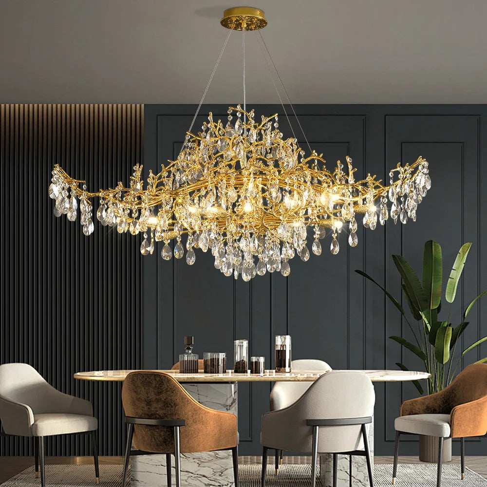 Bessa Modern Large Gold Crystal Branch Chandelier - Elegant Lighting Fixture for Dining Room, Living Room & Bedroom Decor