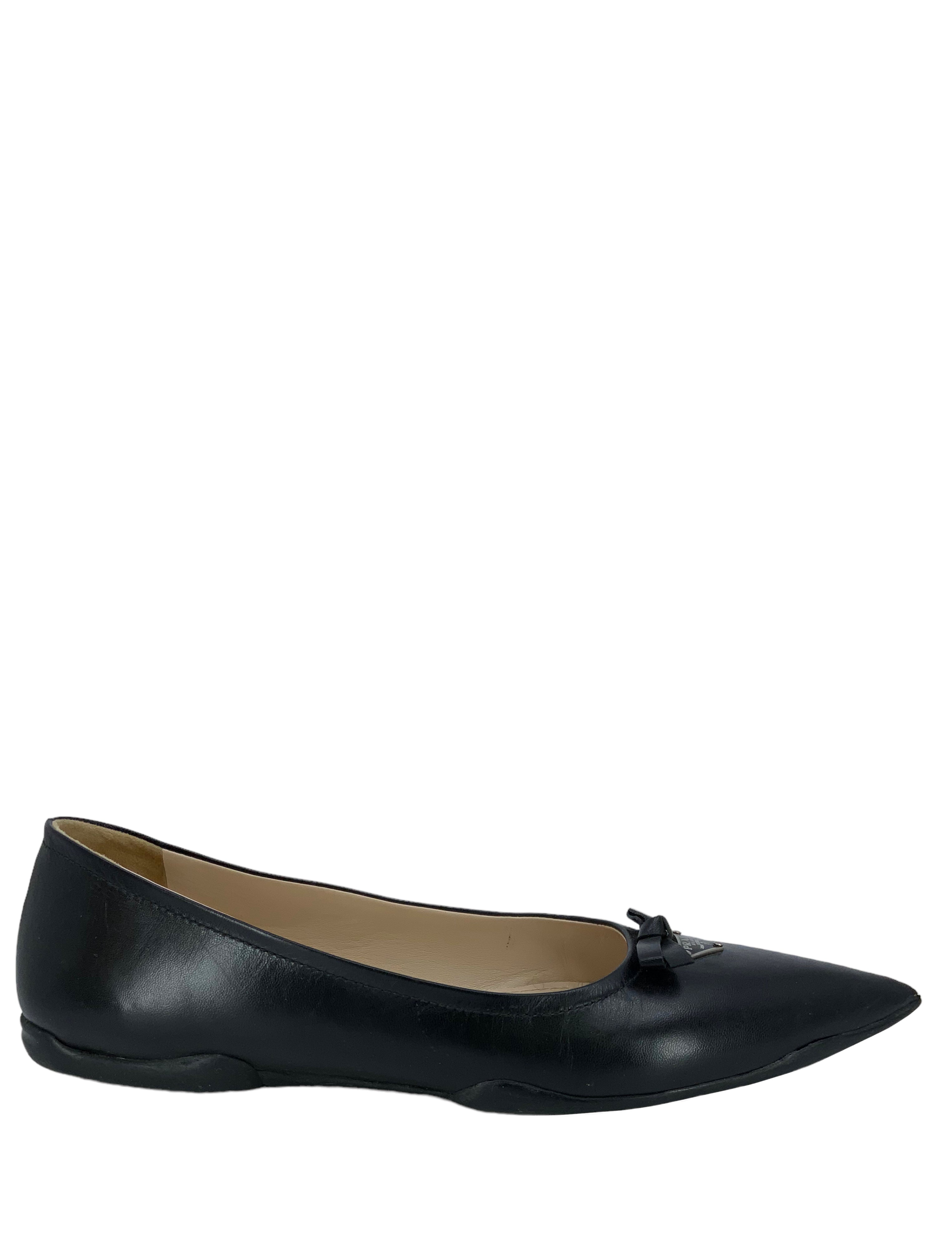 Prada Leather Pointed Toe Flats with Triangle Logo & Bow Detail - Women's Size 7 | Elegant Dress Shoes for Work, Wedding & Formal Occasions