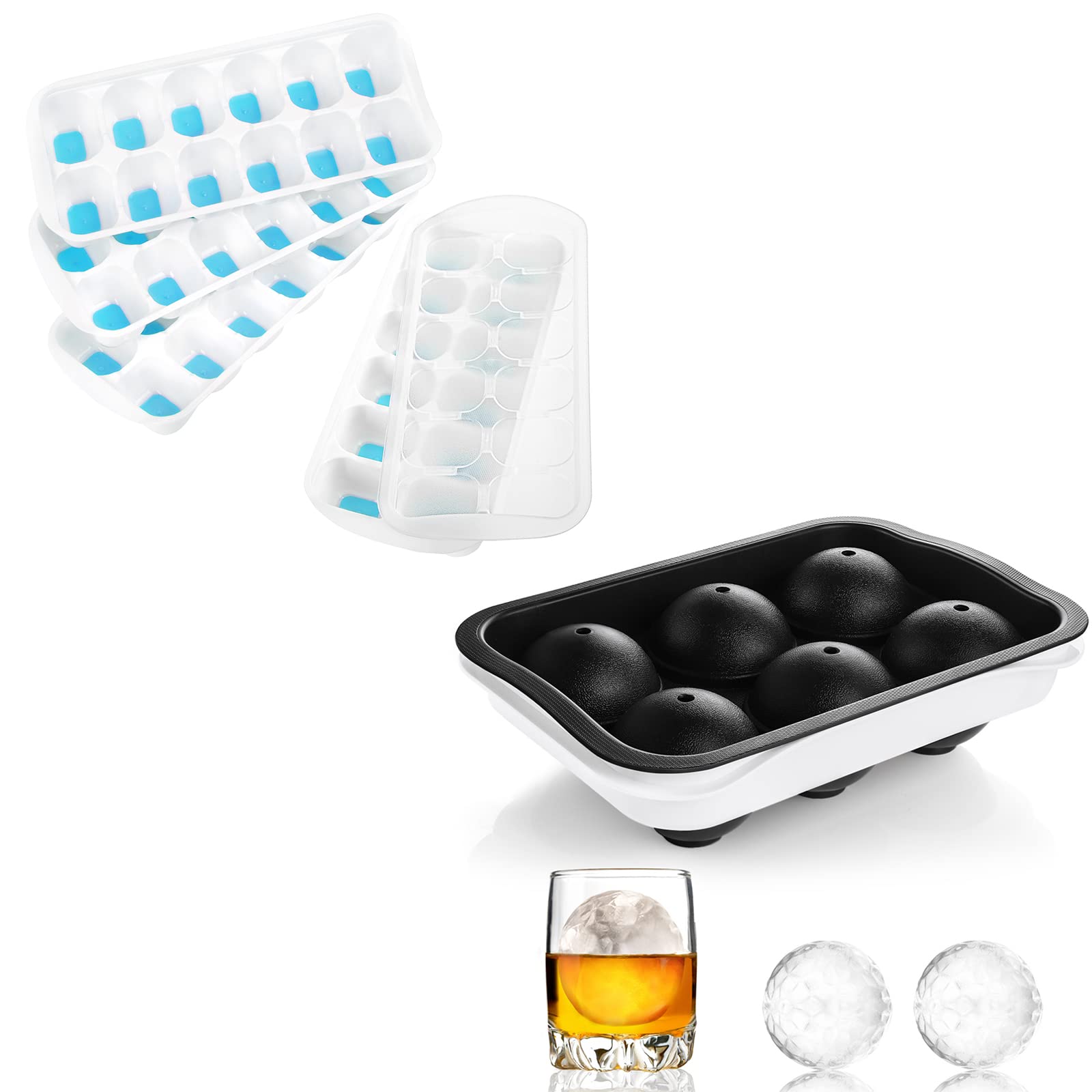 Premium ICEXXP Ice Ball Maker (IC2-1BK) & 4-Pack Silicone Ice Cube Trays with Lids - Perfect for Cocktails, Whiskey, Bourbon & Home Bar Accessories