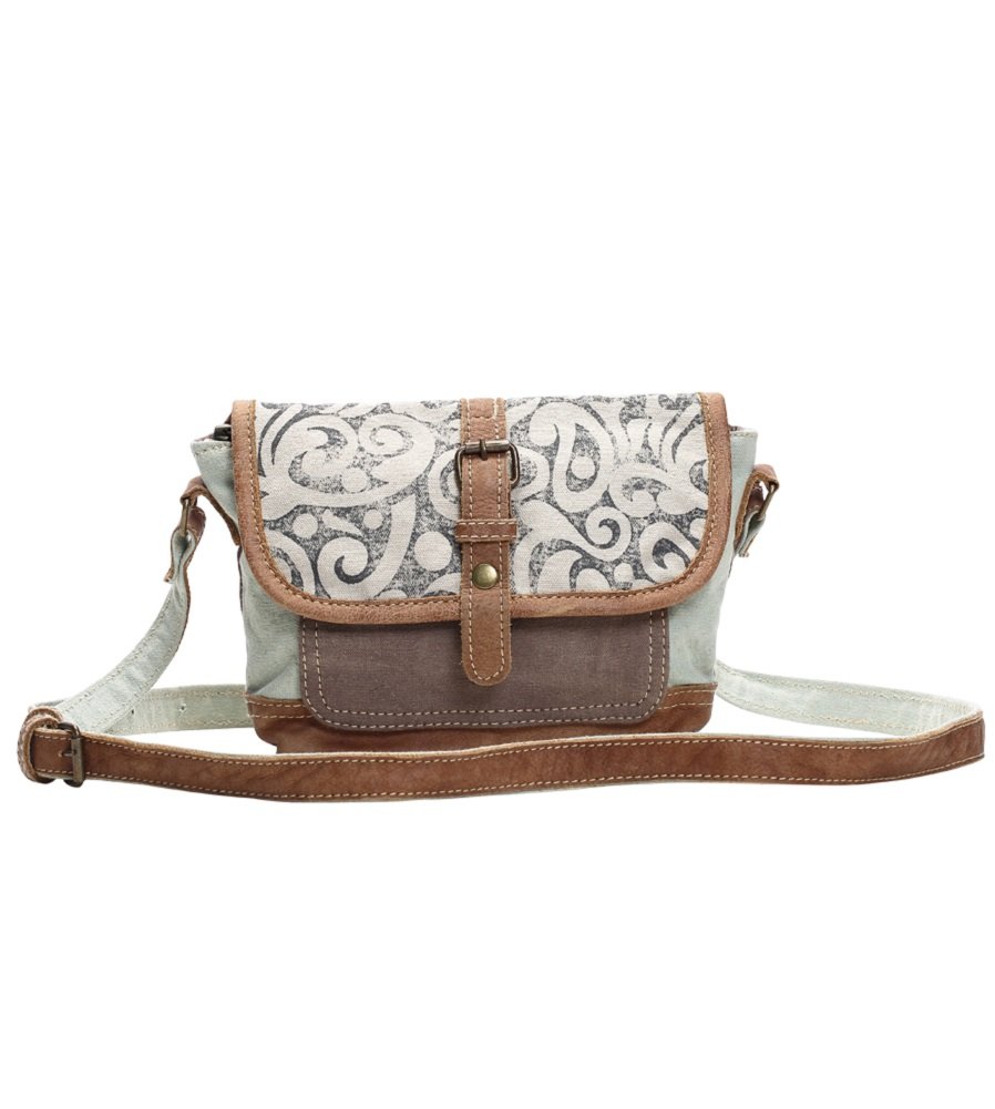 Myra Leaf Swirl Crossbody Bag - Upcycled Canvas, Brown | Perfect for Casual Outings & Travel