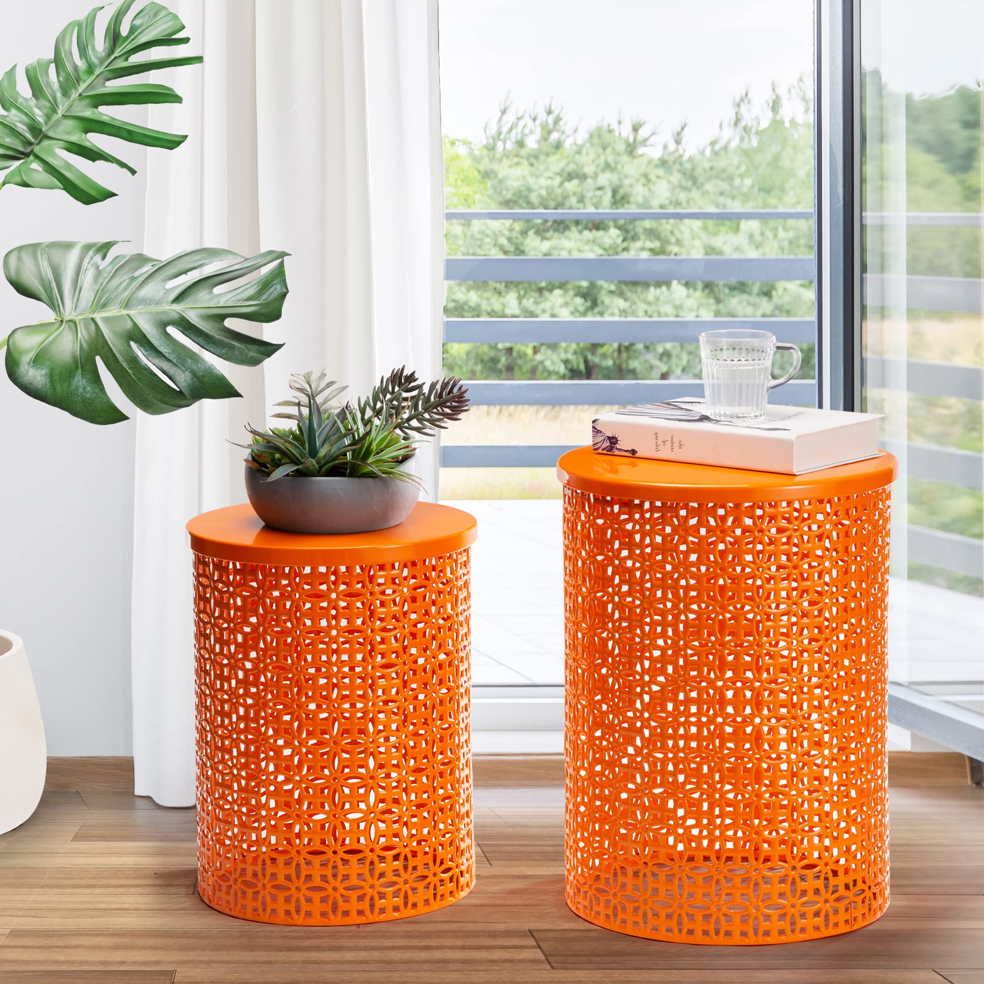 Glitzhome 2-Piece Outdoor Side Table Set - Heavy Duty Metal Frame Garden Stool for Indoor & Outdoor Use - Modern Glossy Orange Accent End Tables - Perfect for Patio, Deck, Balcony & Living Room Decor