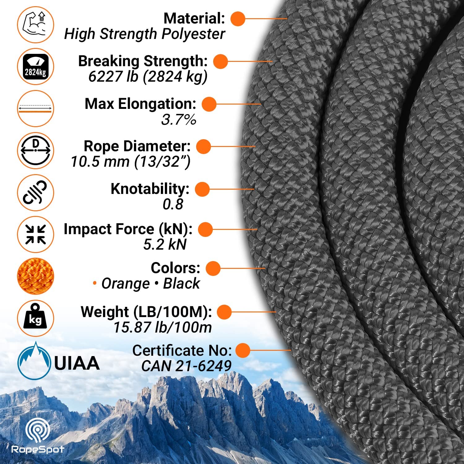 UIAA Certified 10.5mm Static Climbing Rope - High Strength Rock Climbing & Rescue Rope for Mountaineering, Rappelling & Outdoor Adventures