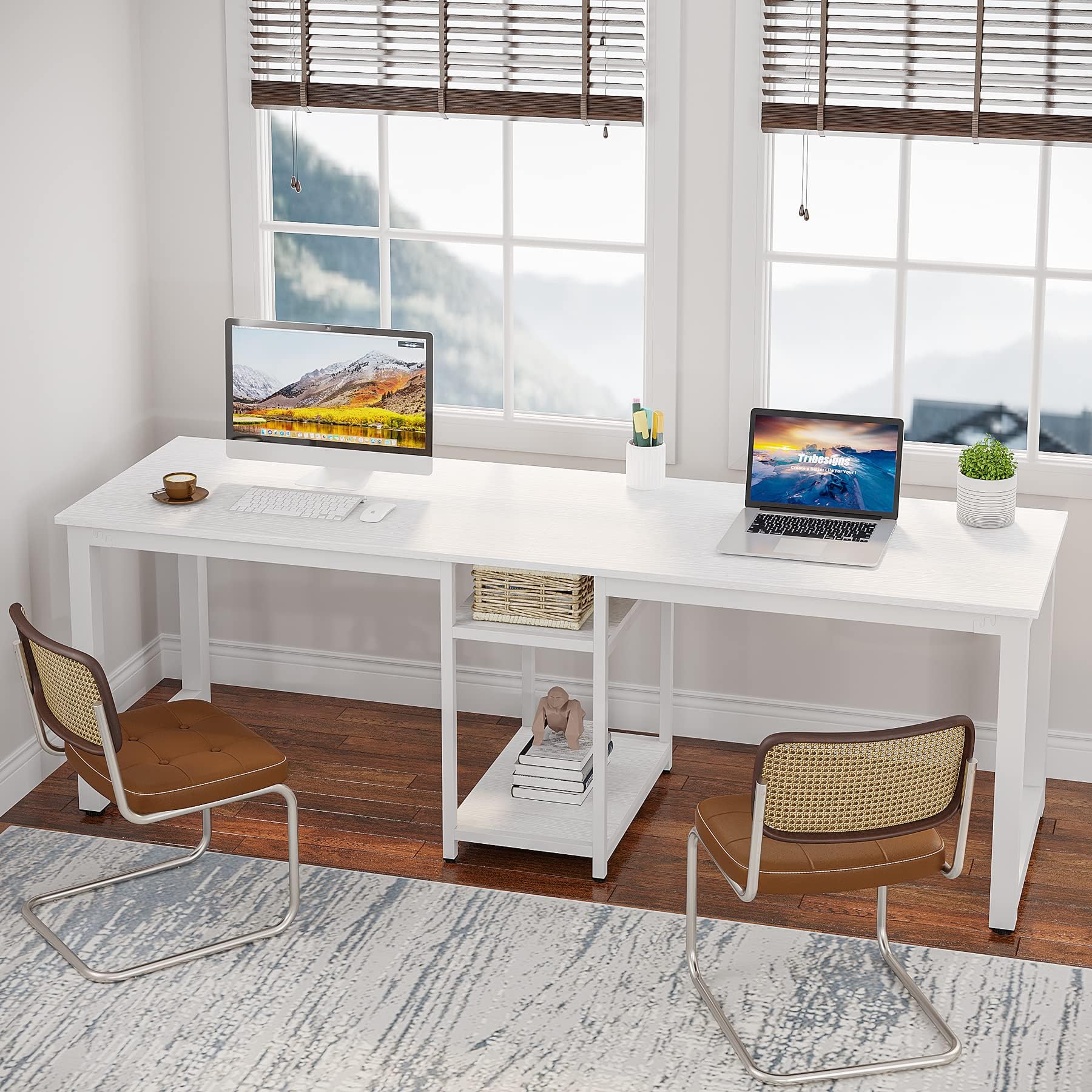 Tribesigns 78 Inch Large Computer Desk with Shelf - Spacious Two Person Office Desk, Double Workstation for Home Office (White) - Perfect for Shared Workspaces, Gaming Setups & Remote Work