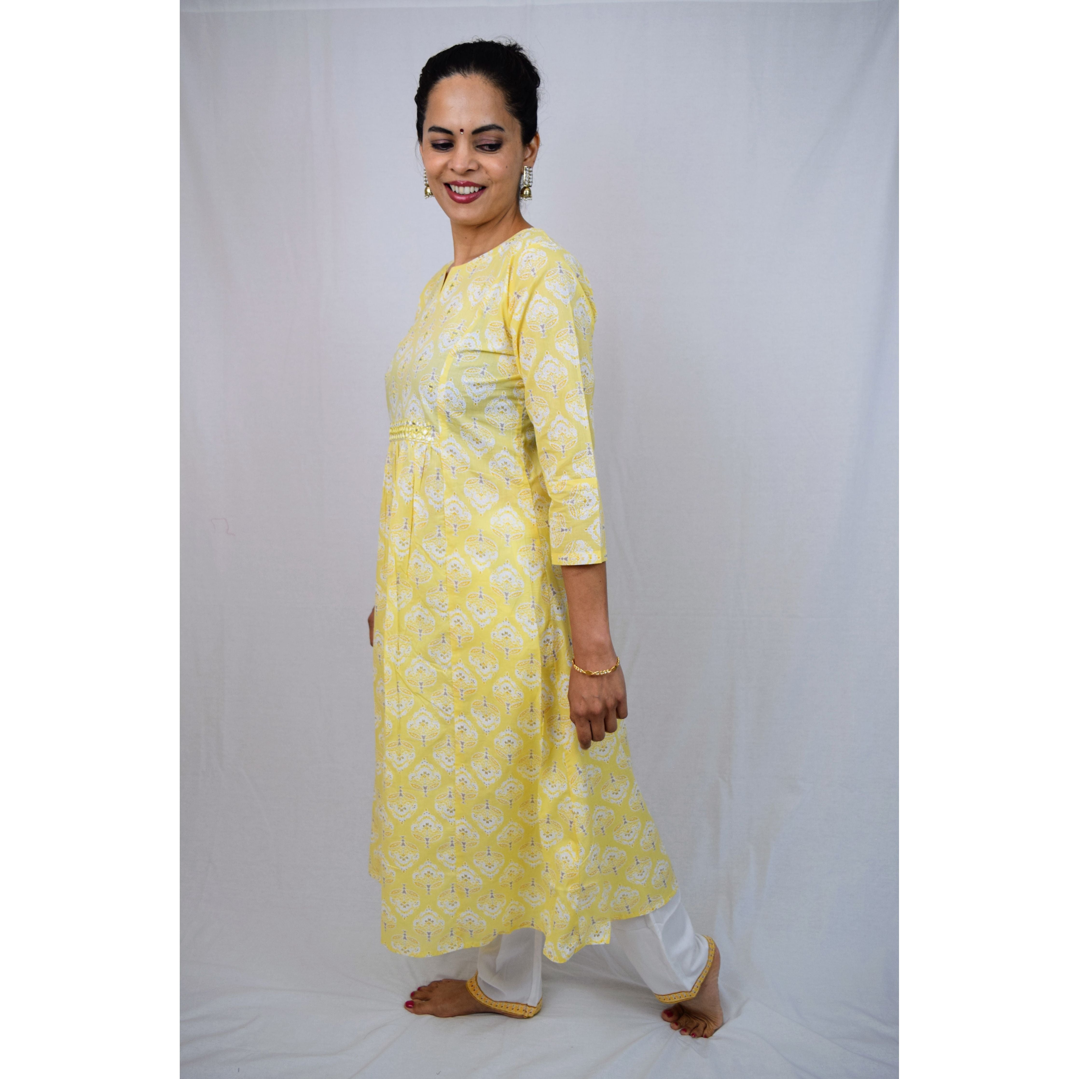 Stylish Yellow and White Kurti with Elegant Mirror Embroidery - Perfect for Festivals, Parties & Casual Wear