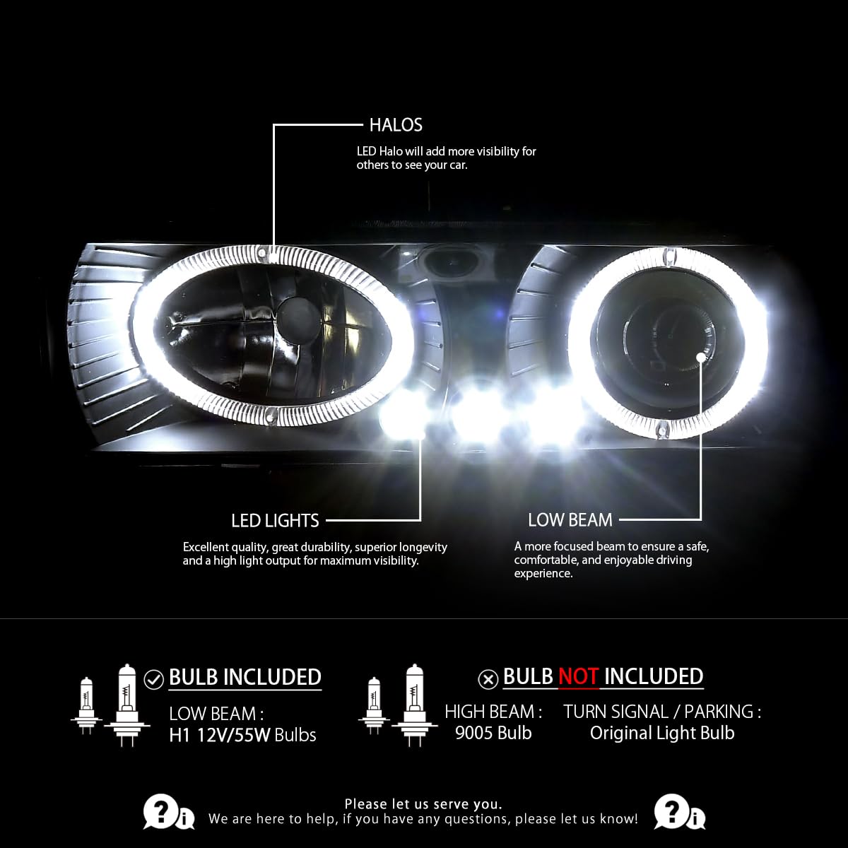 AUTOZENSATION LED Halo Black Projector Headlights Assembly for 1994-1998 Chevy C10 C/K 1500/2500/3500, Tahoe, Suburban - Left & Right Pair with Bumper Lights & Corner Lights | Durable Replacement for Improved Night Visibility & Off-Road Driving