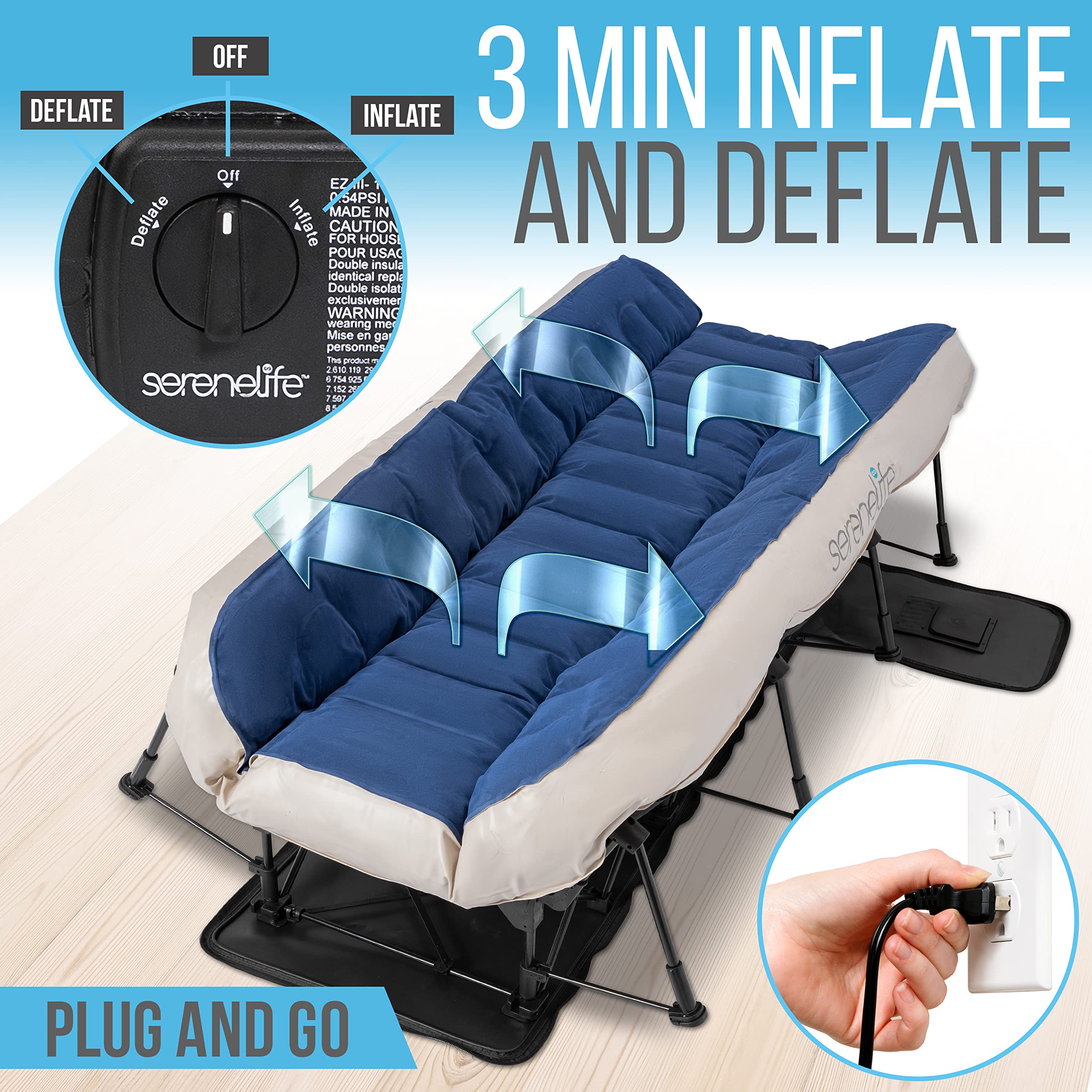 SereneLife EZ Bed Air Mattress with Frame & Rolling Case - Self-Inflating Twin Airbed with Built-in Pump - Perfect for Travel, Camping & Guest Hosting