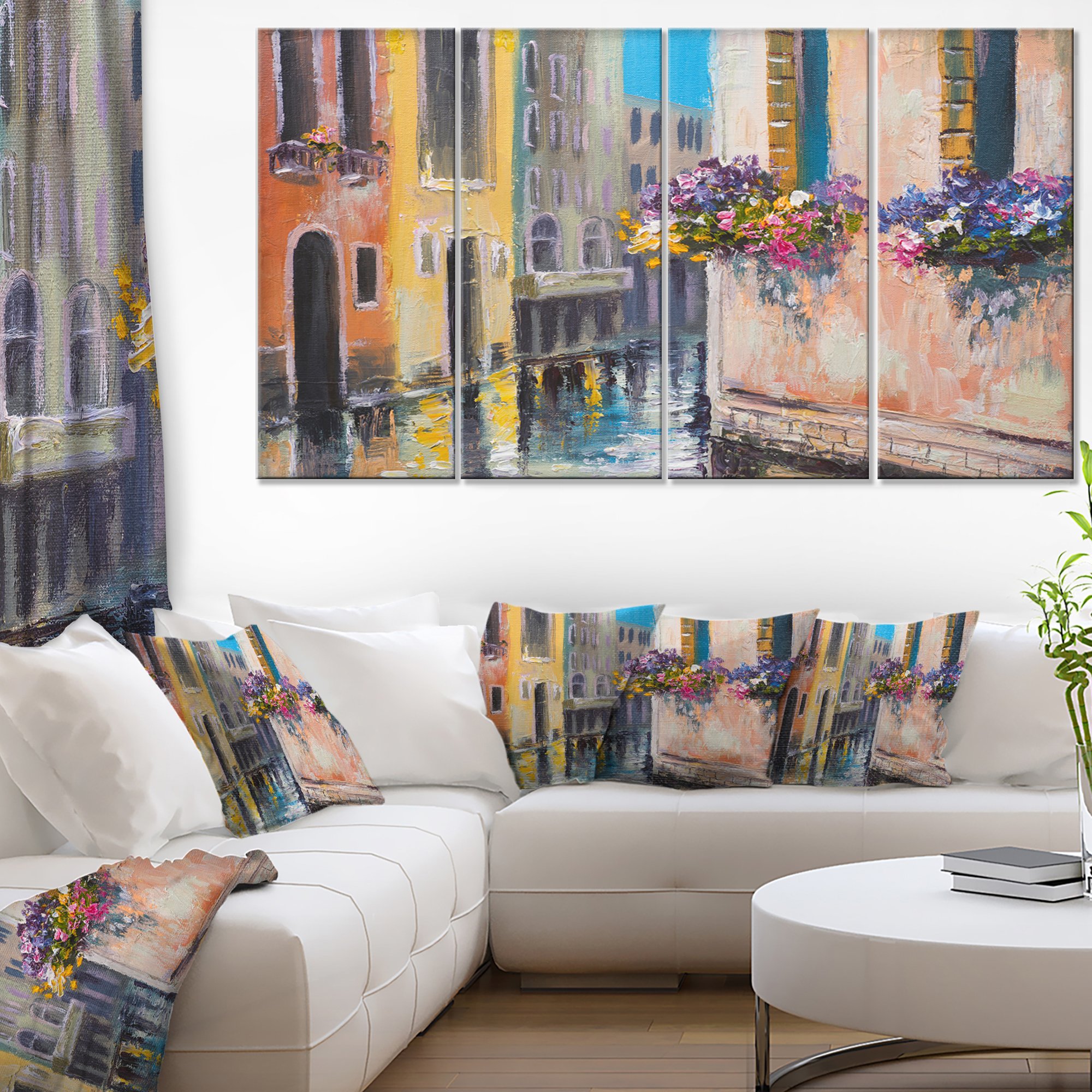 Designart Venice Canal with Flowers Cityscape Canvas Wall Art Print - Perfect for Living Room, Bedroom & Office Decor