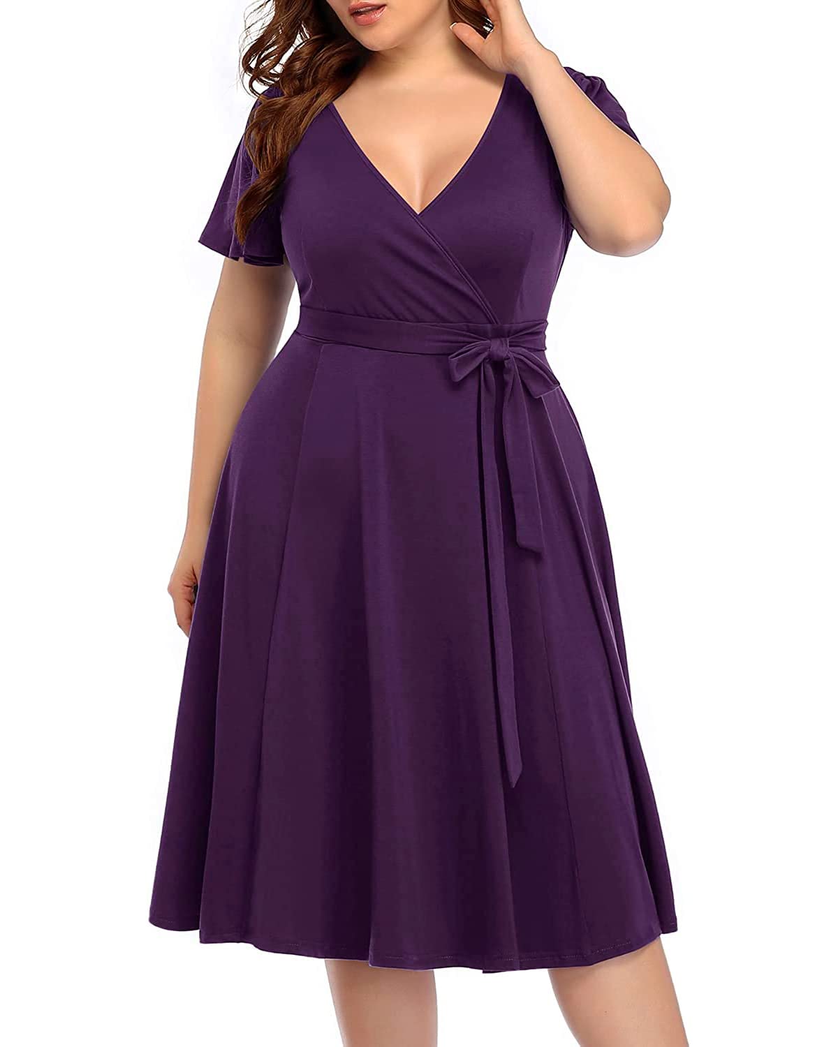 Plus Size Pinup Fashion Women's Cocktail Dress - Semi Formal Wrap Empire Waist Midi Dress for Wedding Guest, Party & Special Occasions