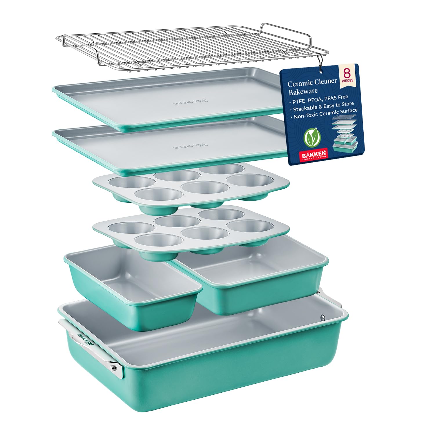 Bakken 8-Piece Non-Tick Ceramic Bakeware Set - Oven-Safe Stackable Baking Sheets & Pans with Cooling Rack - PTFE/PFOA/PFOS-Free, Ergonomic Handles - Healthy Baking Essentials for Cakes, Cookies, Bread & More - Perfect for Home Bakers & Holiday Cooking