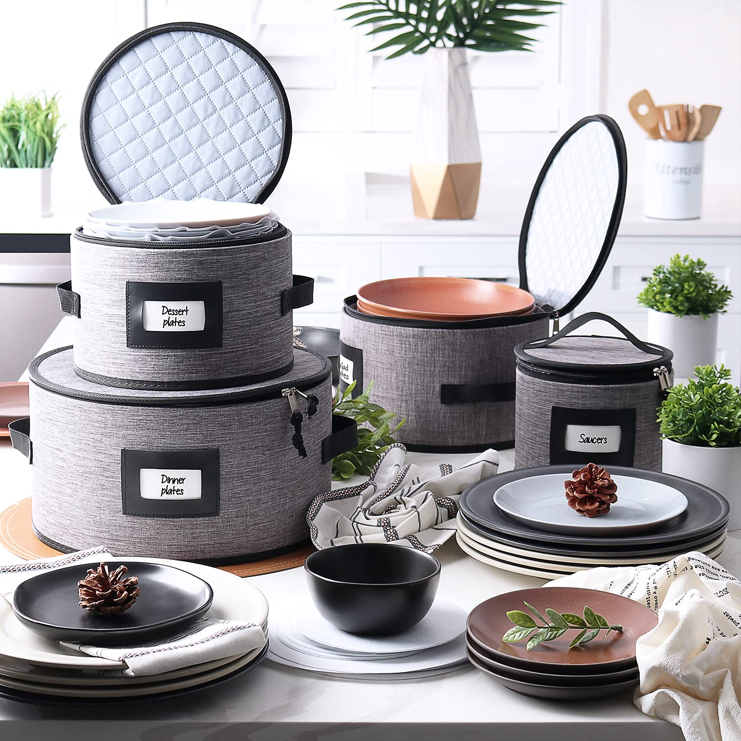 Premium 5-Piece Fine China Storage Set – Hard Shell Quilted Dish Organizer with Dividers, Stackable Mug & Plate Containers for Moving, Seasonal Storage & Kitchen Organization – Perfect for Home, Office & Restaurant Use